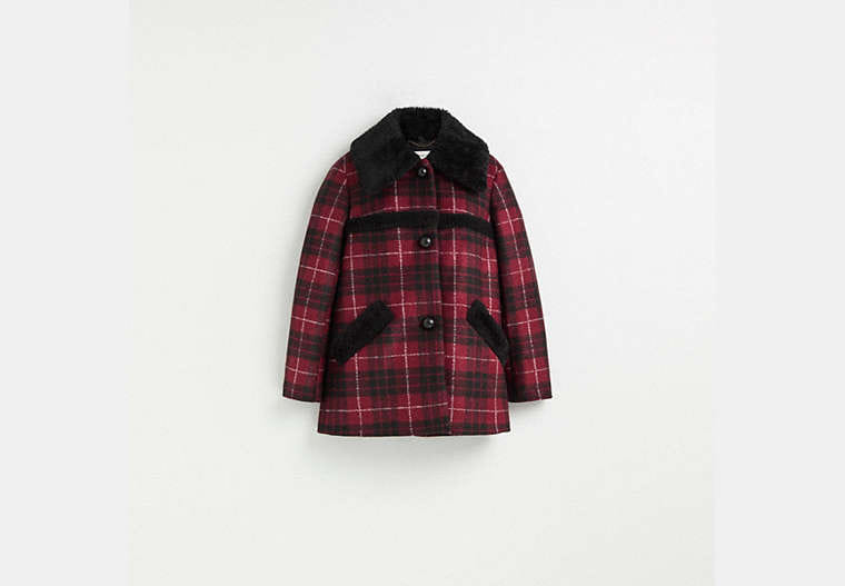 Restored Plaid Wool Coat With Shearling Trim