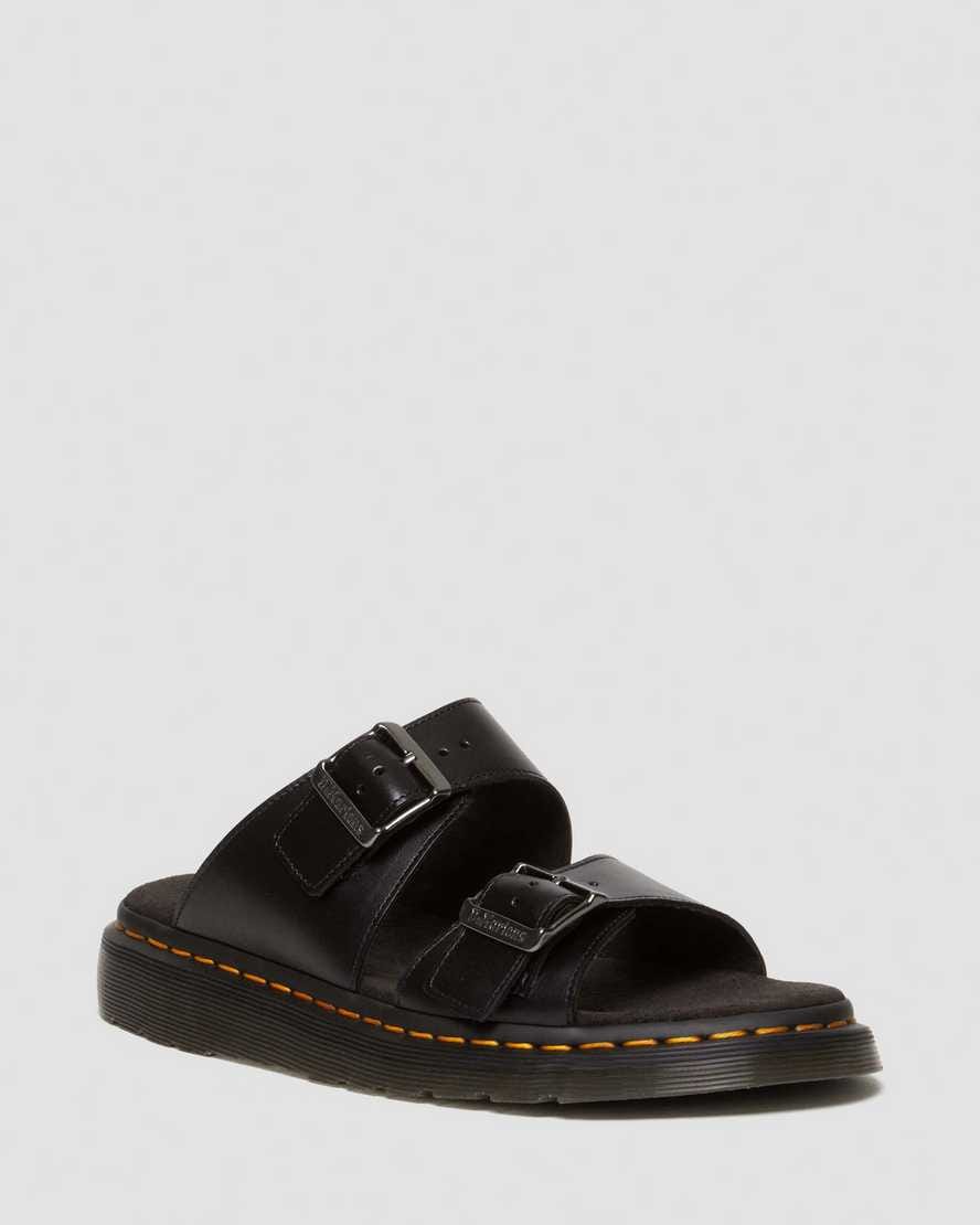 Josef Analine Leather Buckle Slide Sandals — Black