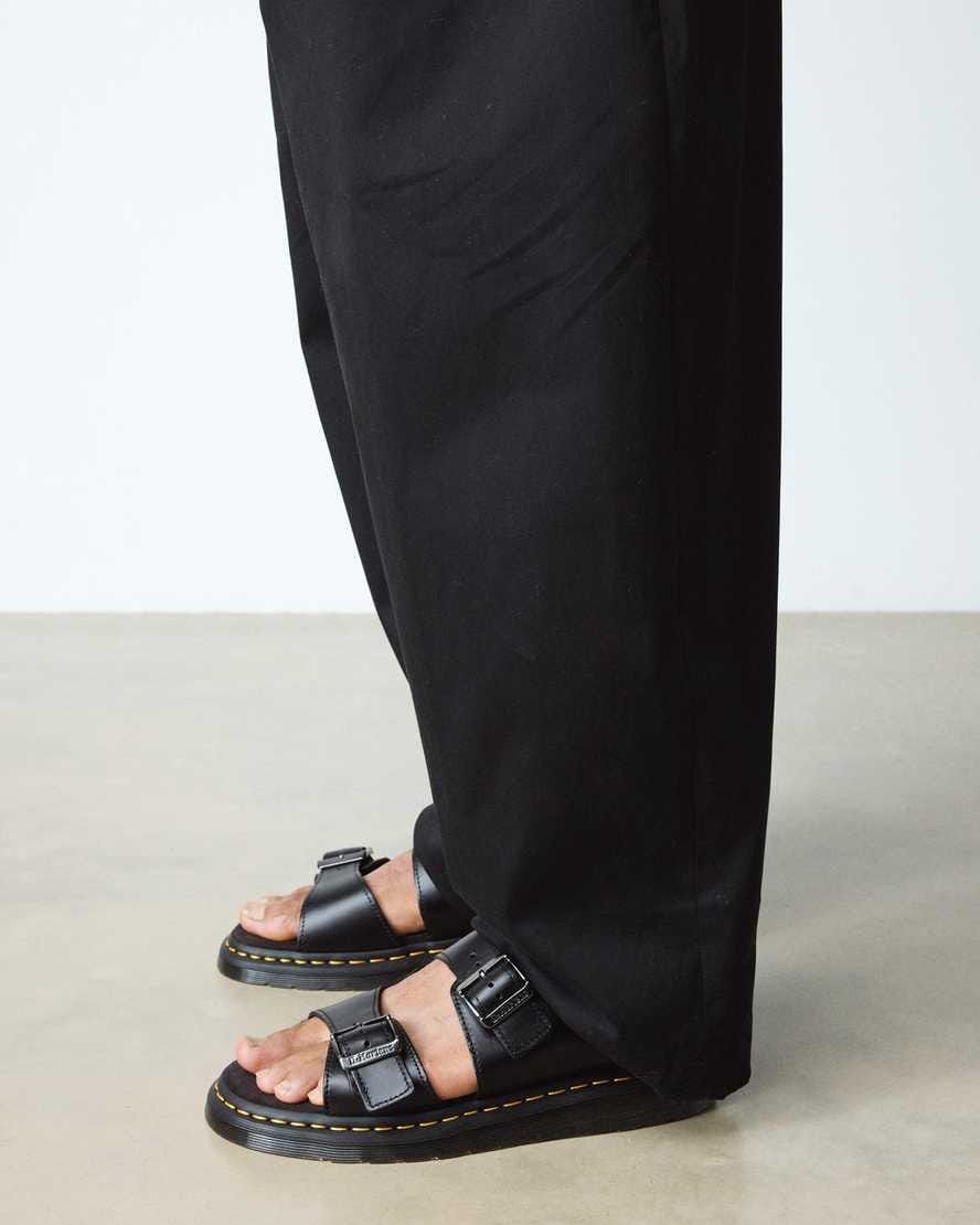 Josef Analine Leather Buckle Slide Sandals — Black
