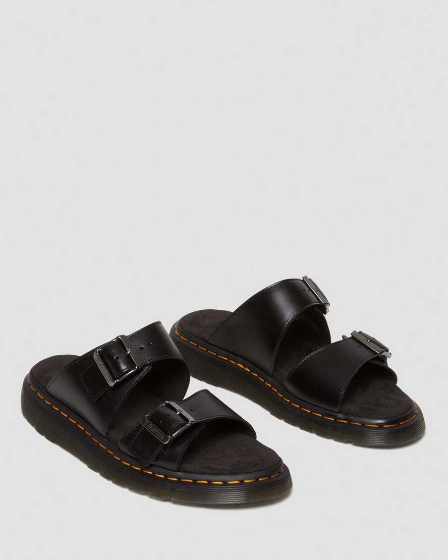 Josef Analine Leather Buckle Slide Sandals — Black