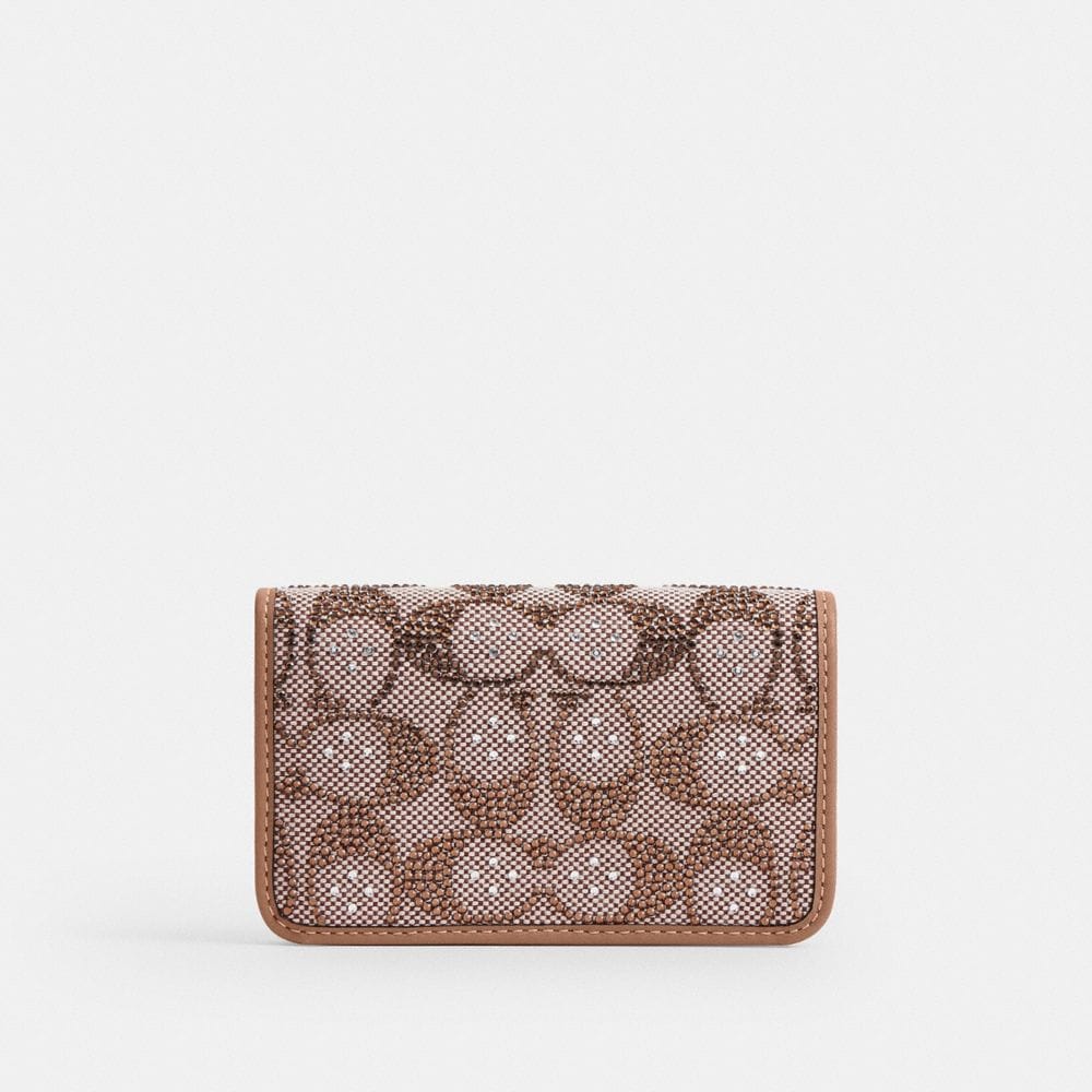 Coach Essential Slim Card Case In Crystal Signature Jacquard Brass Mushroom