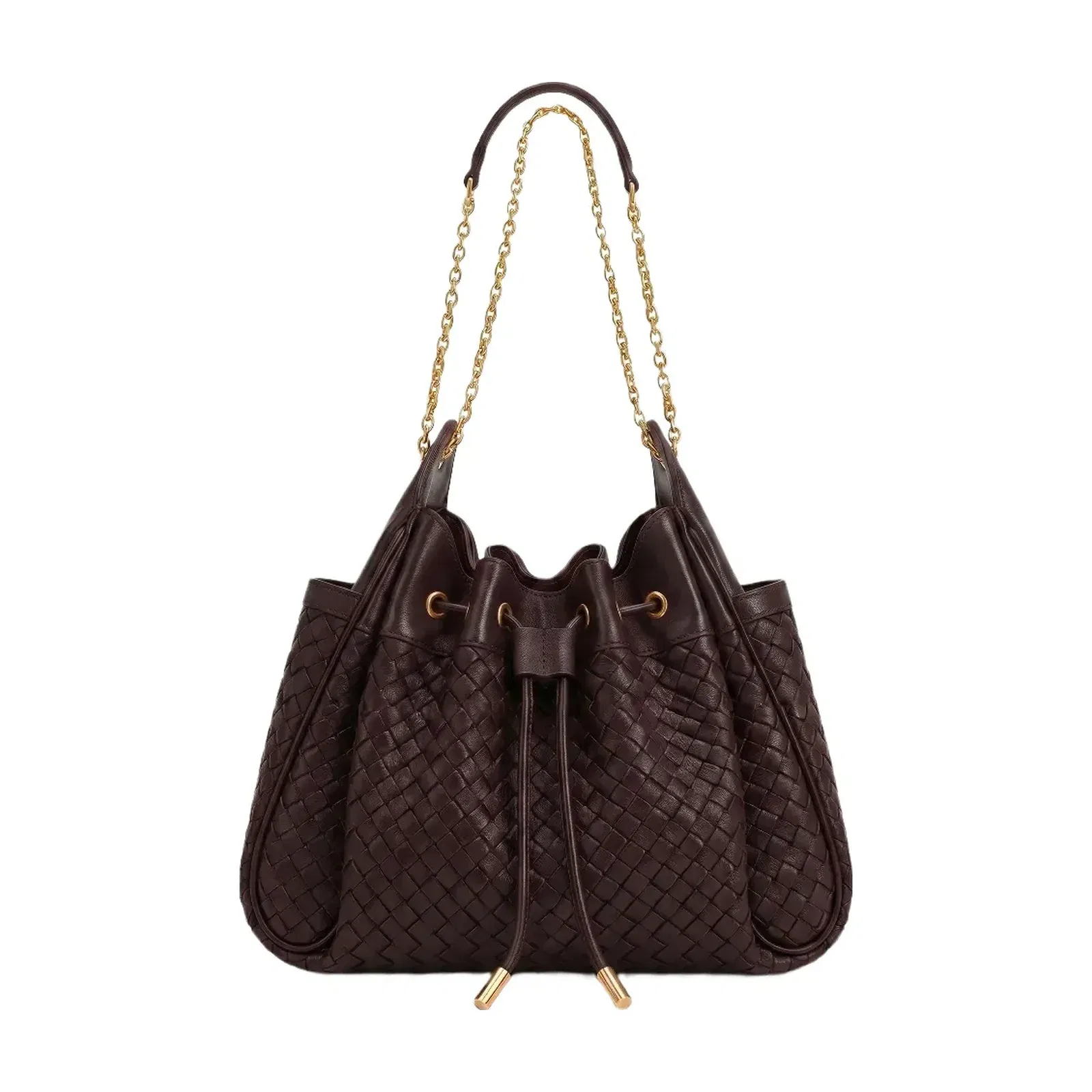 Jw Pei Rowan Weaving Ruched Drawstring Chain Bucket Bag Dark Cherry