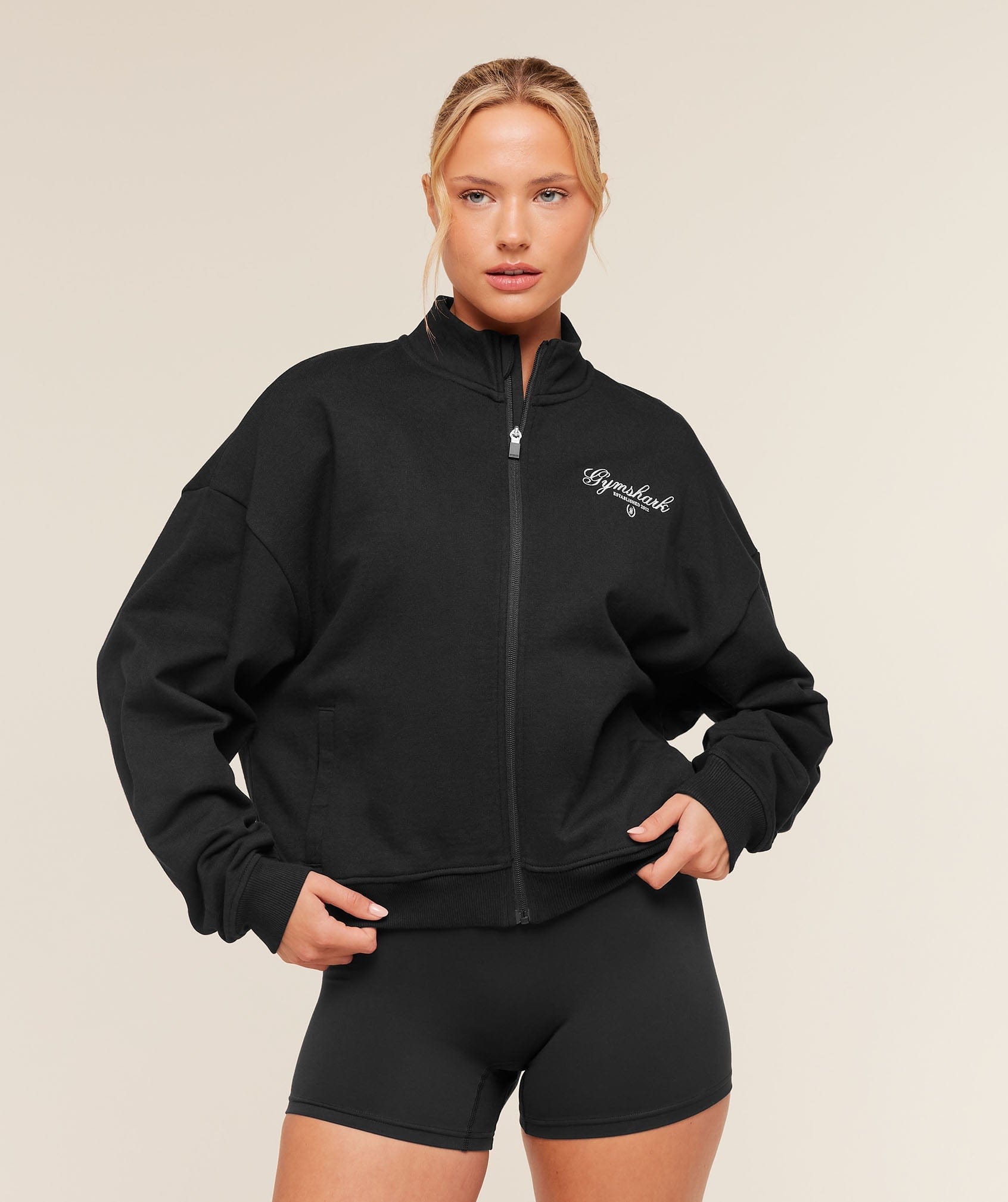 Women's Gymshark Script Embroidery Oversized Zip Through Light Grey Core Marl