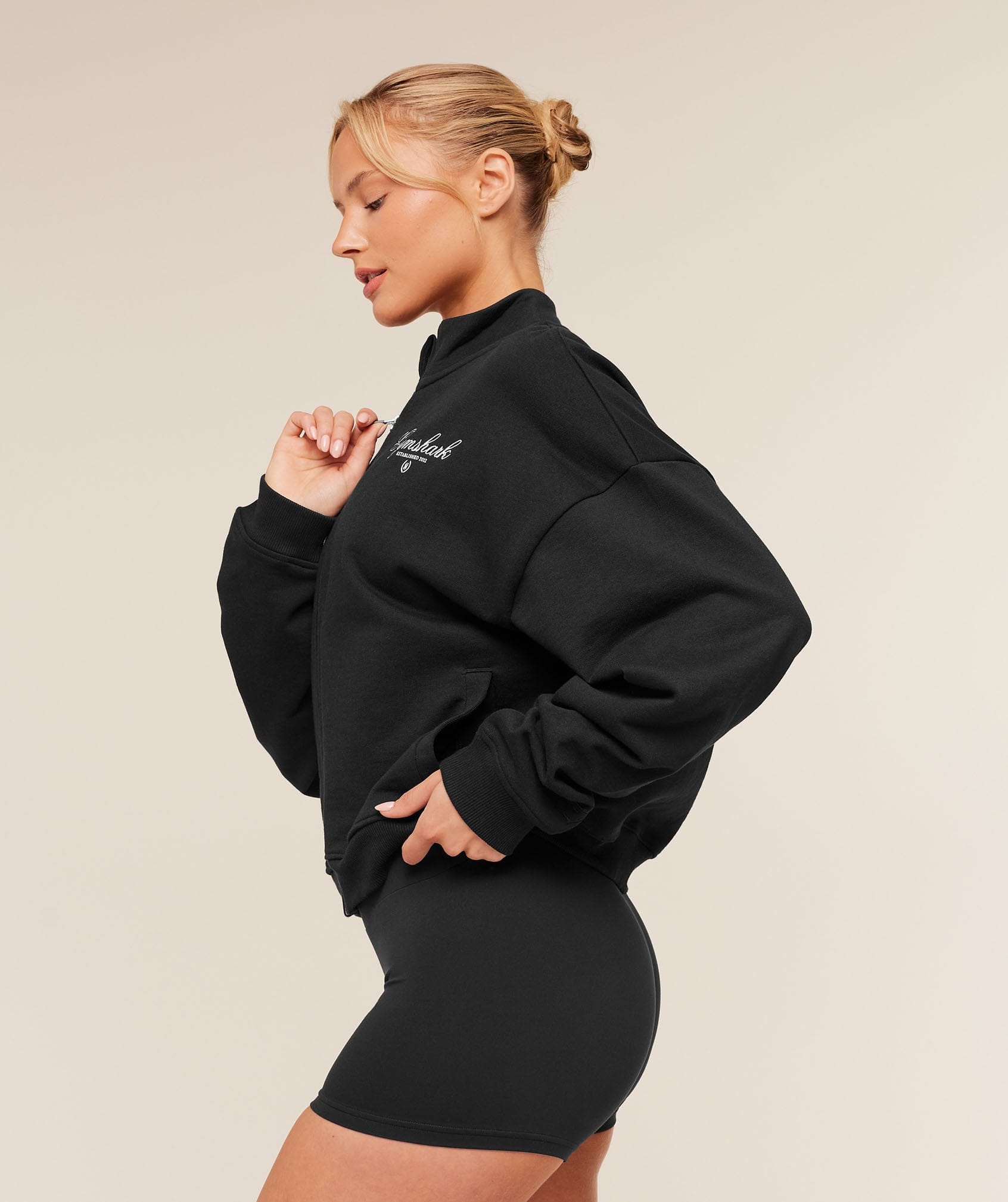 Women's Gymshark Script Embroidery Oversized Zip Through Light Grey Core Marl