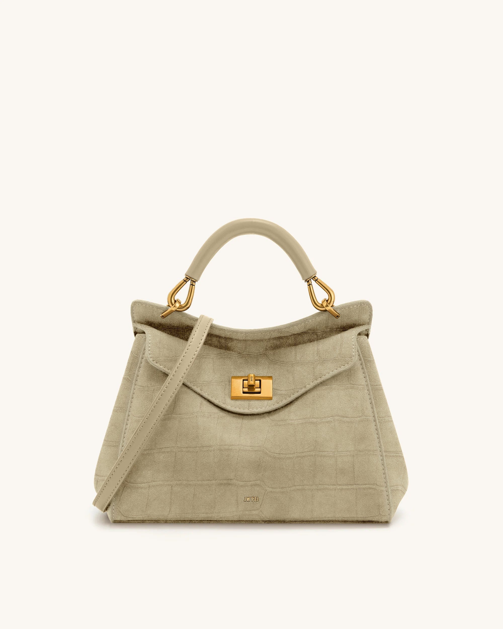 Jw Pei Lucia Classic Croc Embossed Faux Suede Top Handle Bag Light Beige