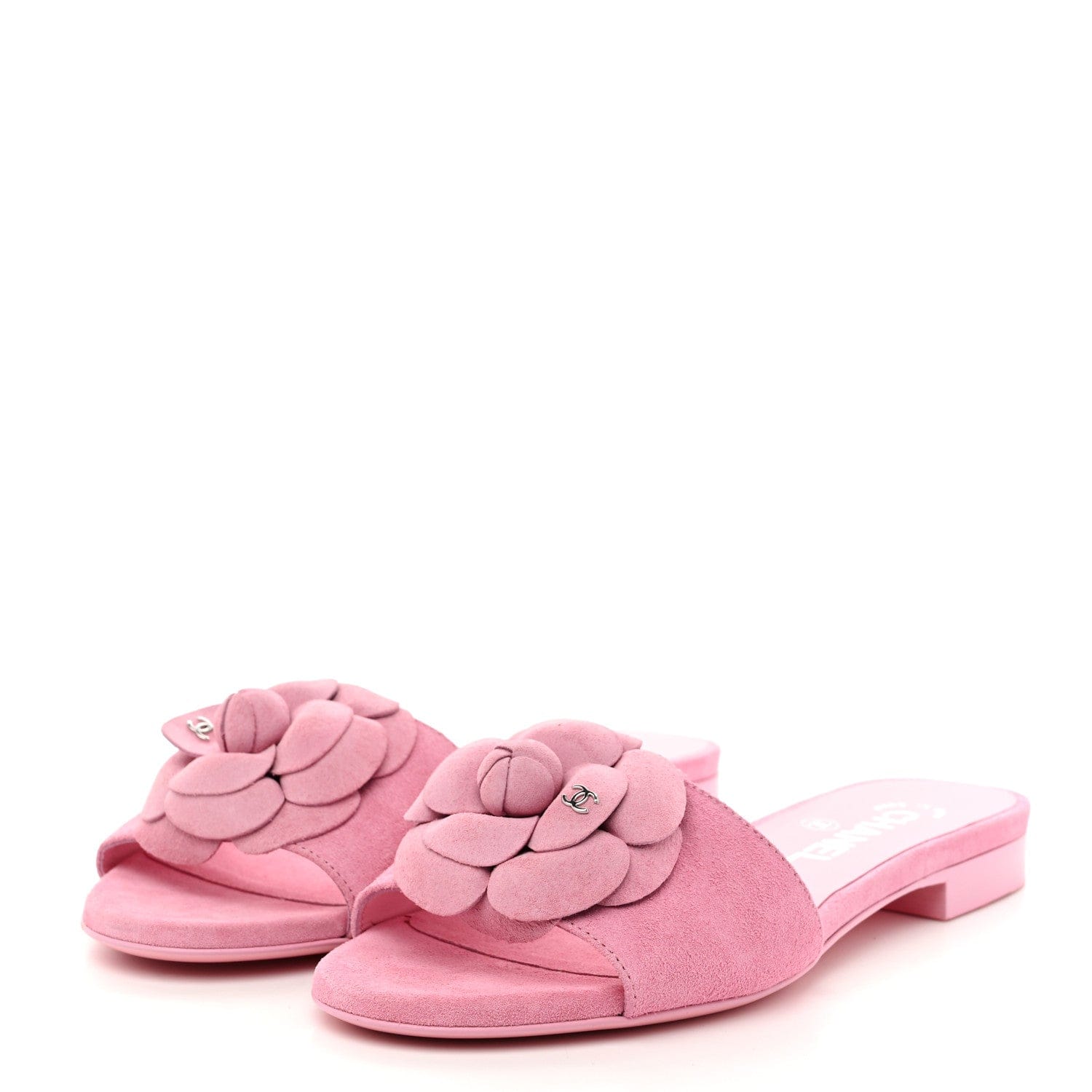 Suede Calfskin Camellia CC Slides
