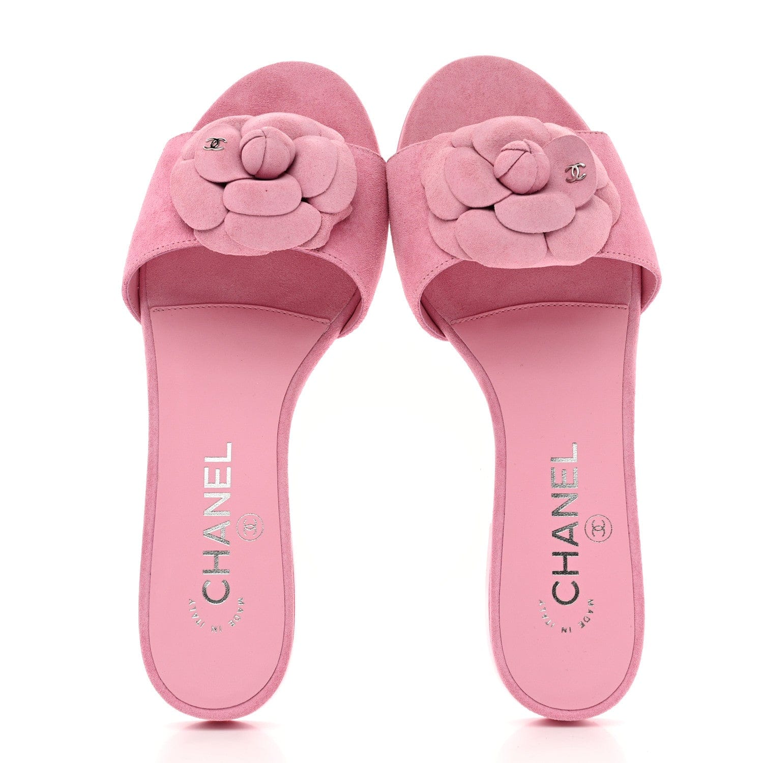 Suede Calfskin Camellia CC Slides