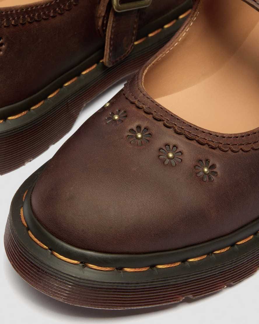 Mary Jane Flower Crazy Horse Leather Shoes — Dark Brown