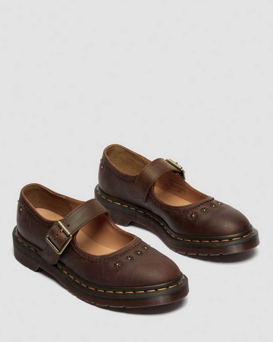 Mary Jane Flower Crazy Horse Leather Shoes — Dark Brown