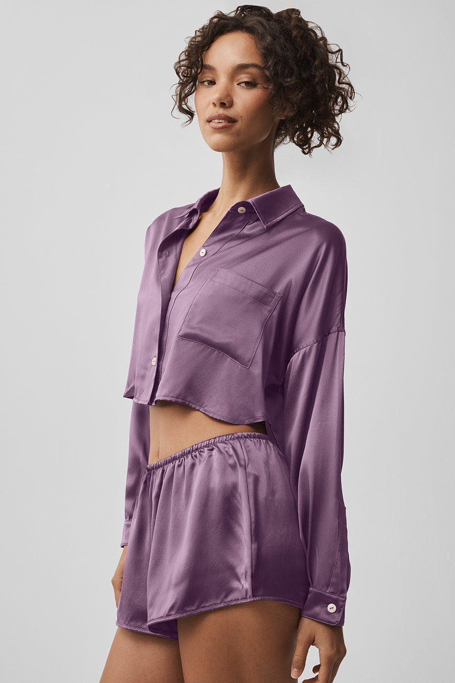 Silk Luminous Cropped Button Down Long Sleeve