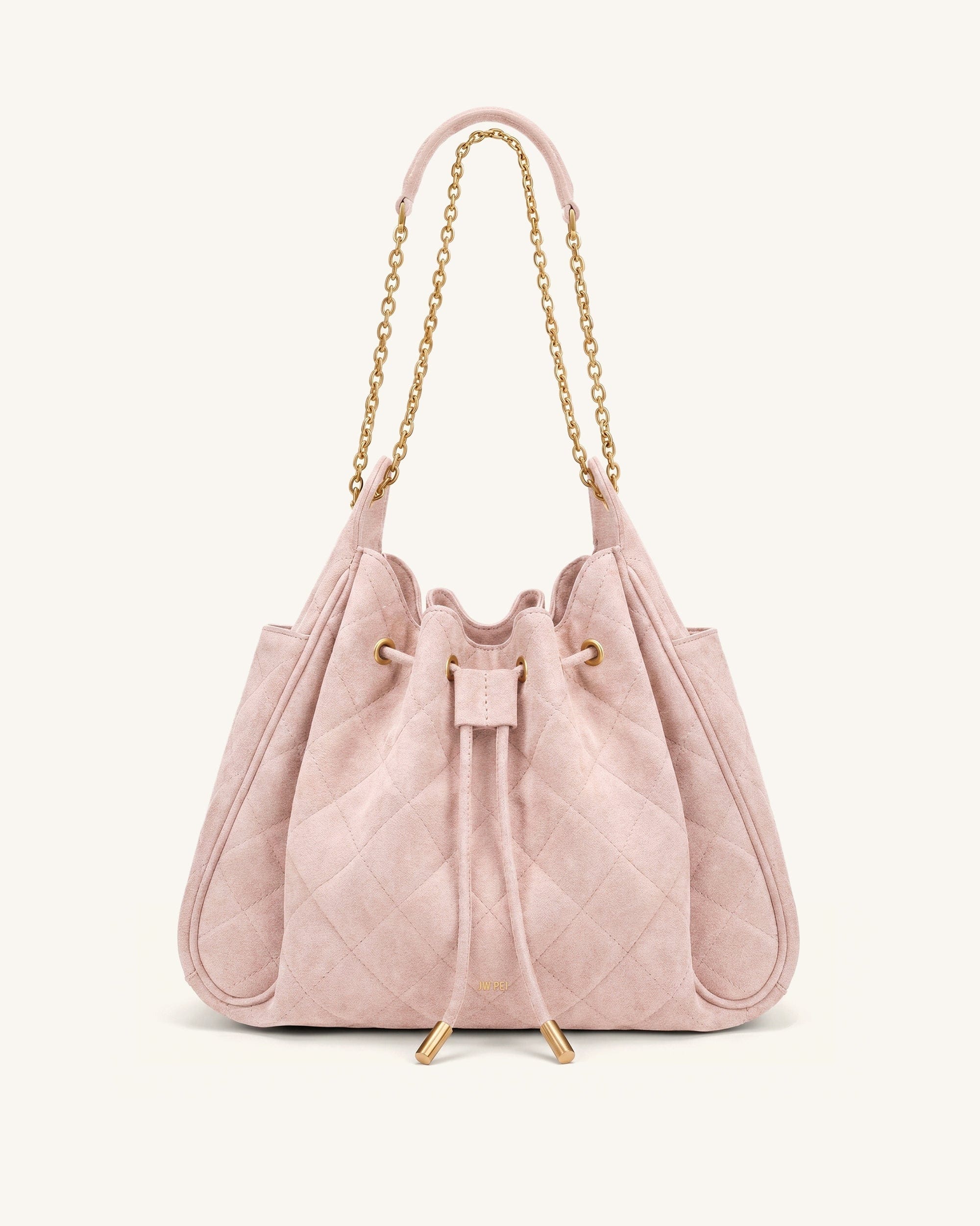 JW PEI Rowan Faux Suede Quilted Chain Bucket Bag Pink