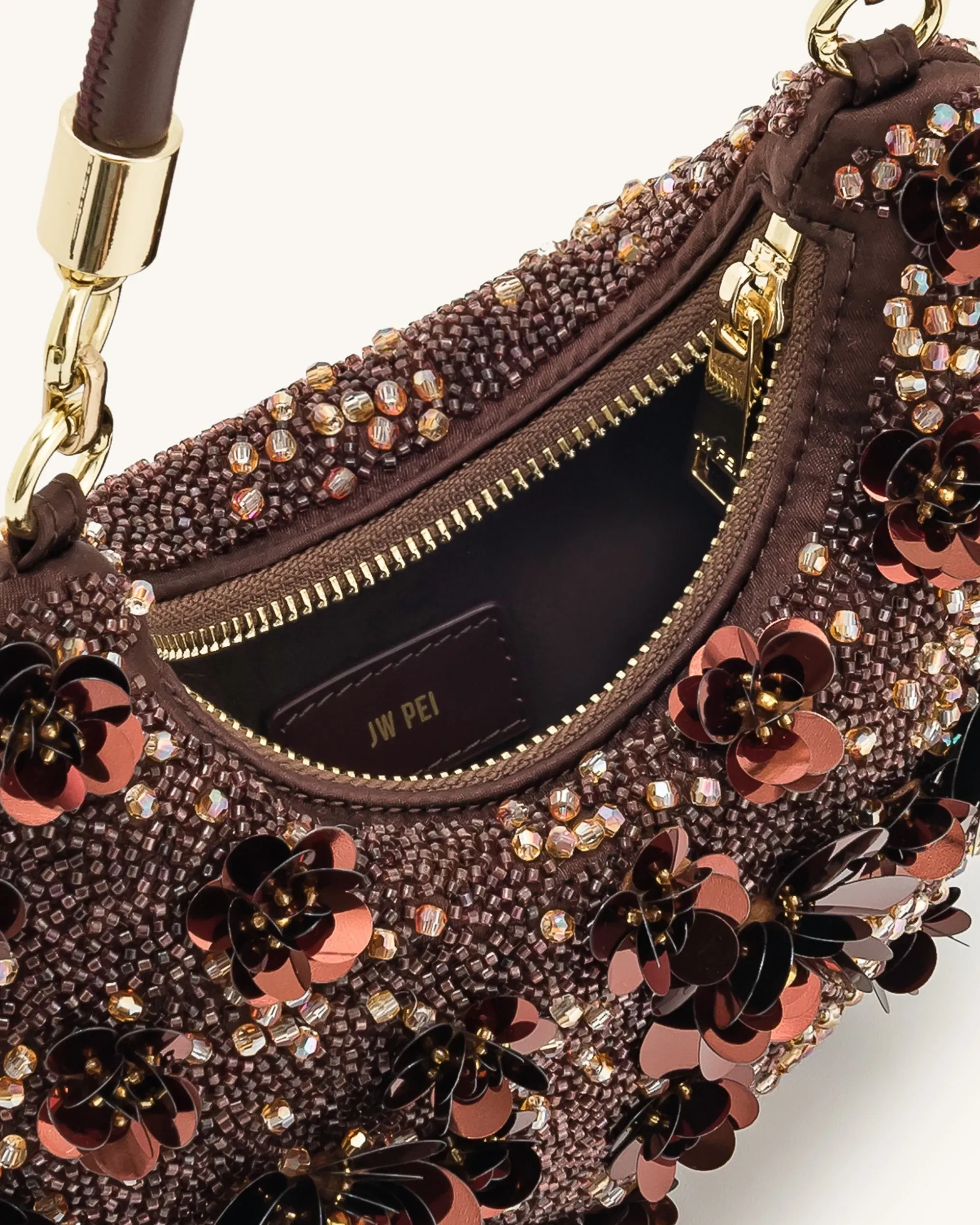 JW PEI Livia Beaded Floral Hobo Bag Brown