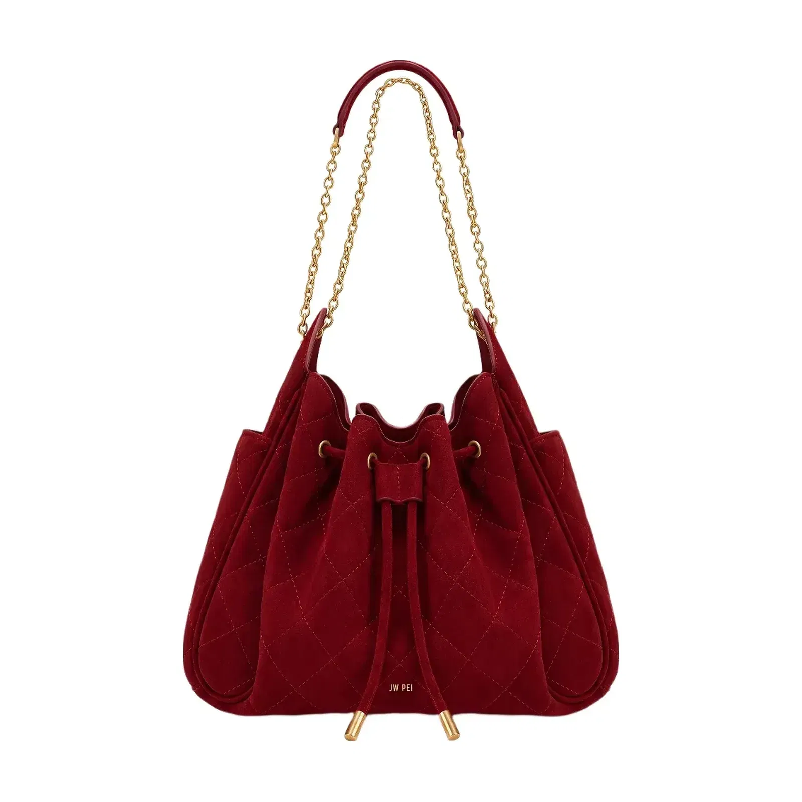 JW PEI Rowan Faux Suede Quilted Chain Bucket Bag Dark Red