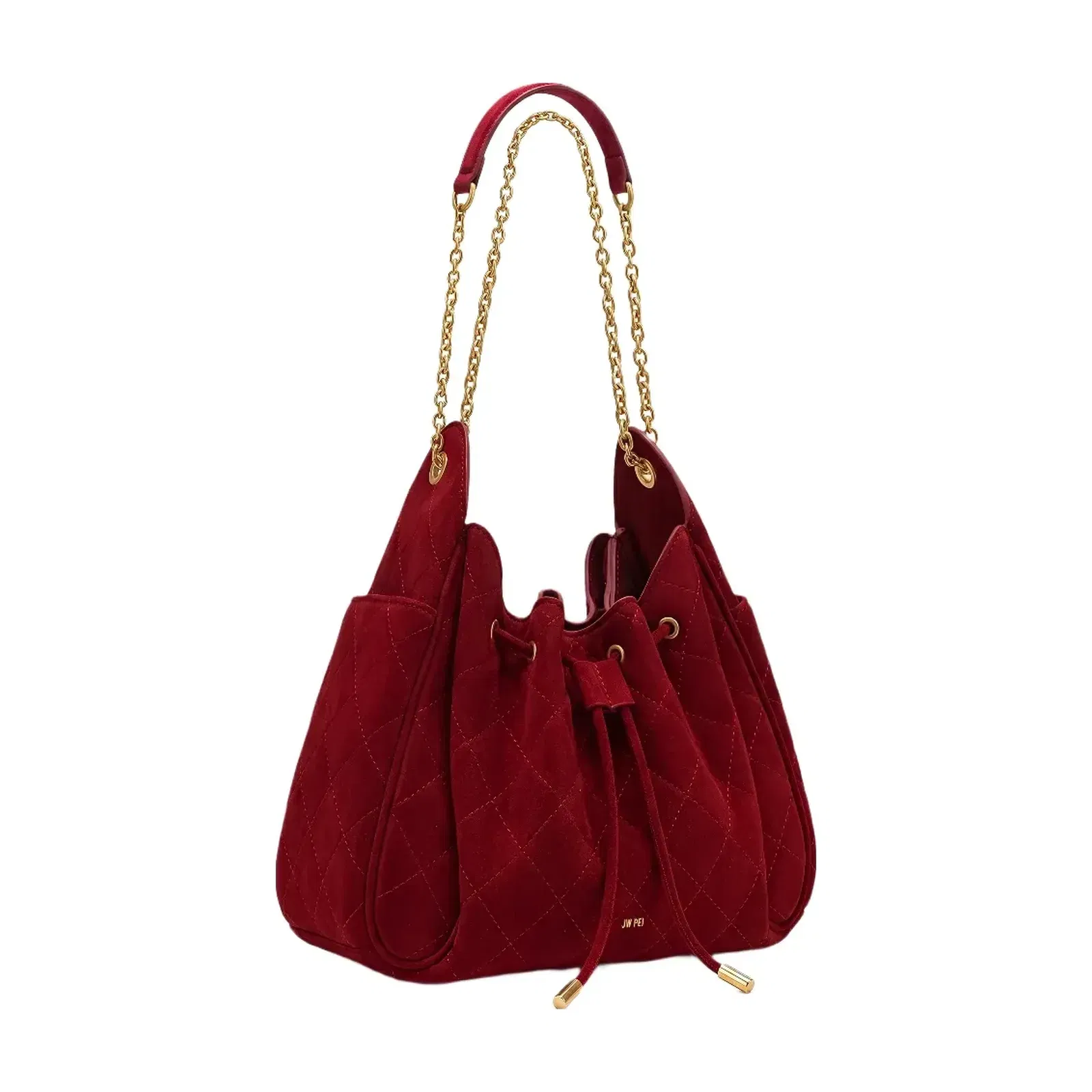 JW PEI Rowan Faux Suede Quilted Chain Bucket Bag Dark Red