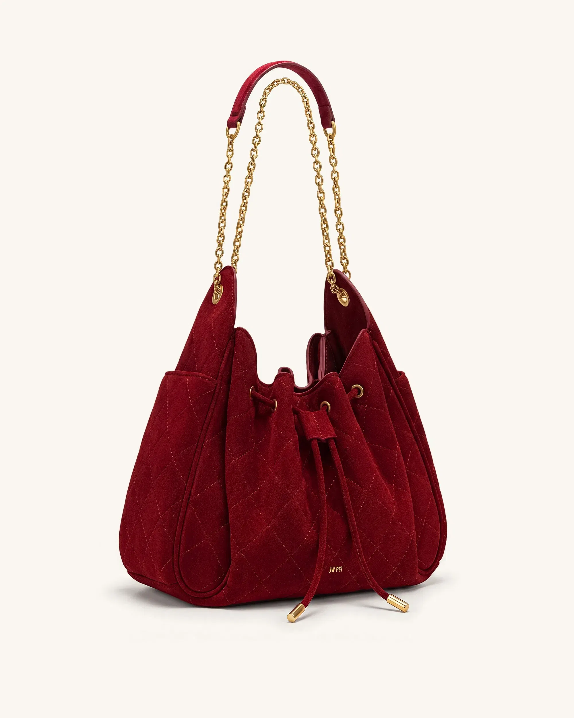 JW PEI Rowan Faux Suede Quilted Chain Bucket Bag Dark Red