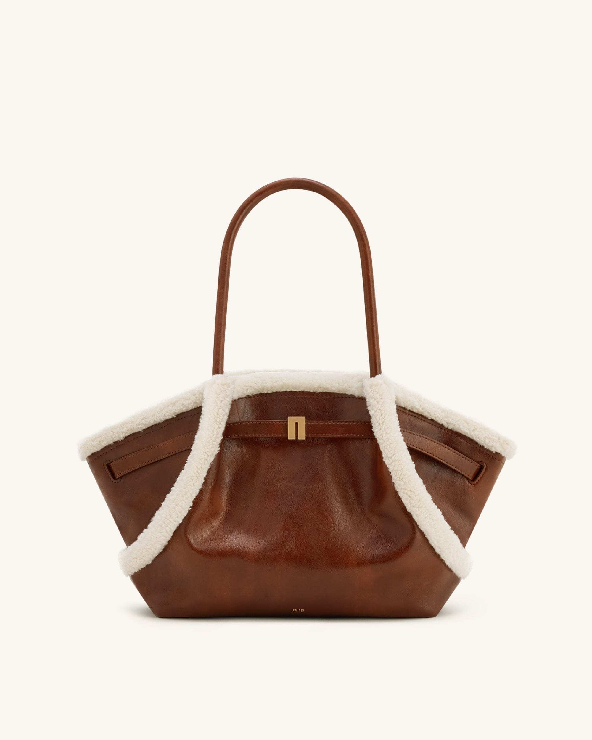 JW PEI Hana Medium Faux Shearling Trim Tote Bag Brown
