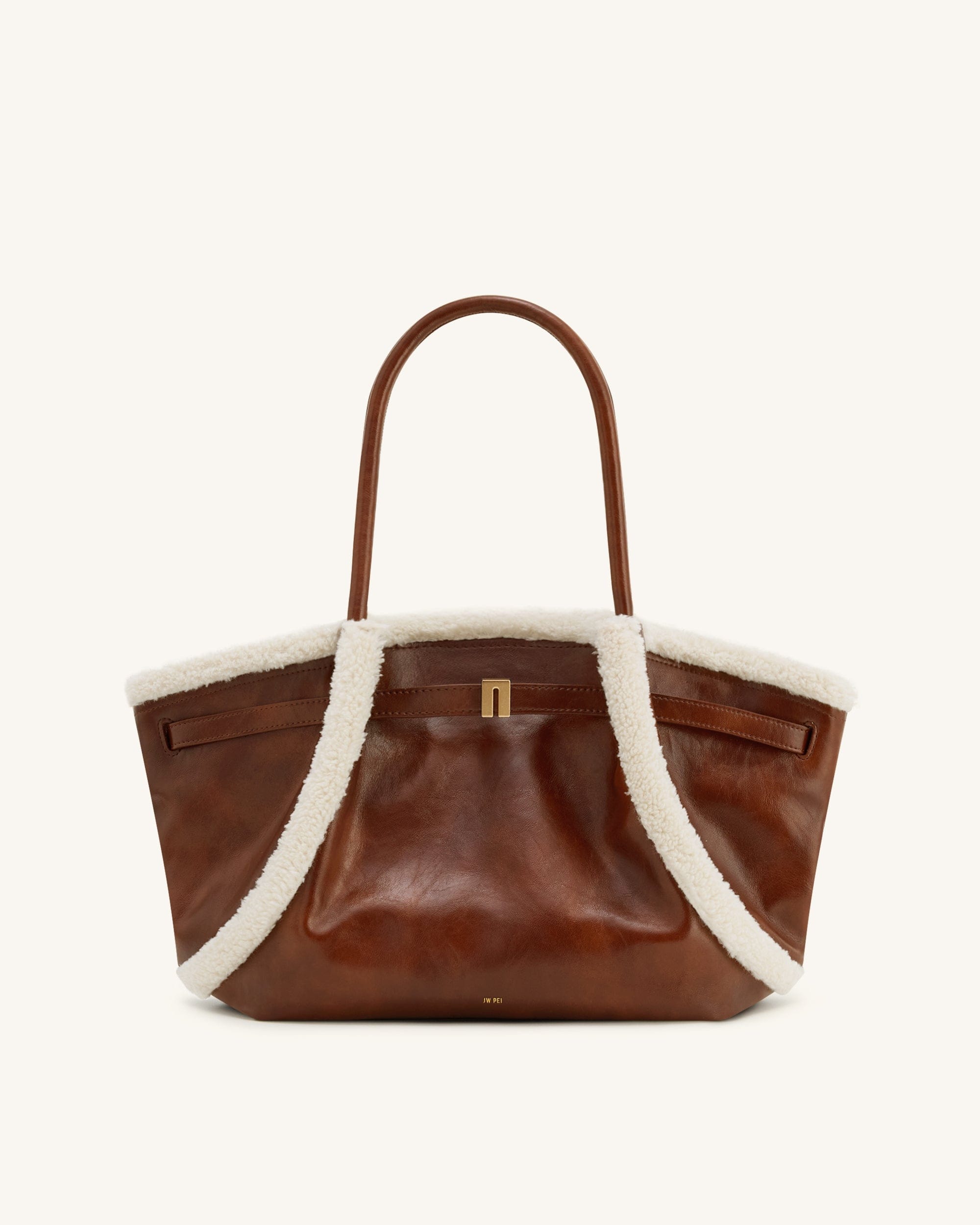 JW PEI Hana Medium Faux Shearling Trim Tote Bag Brown