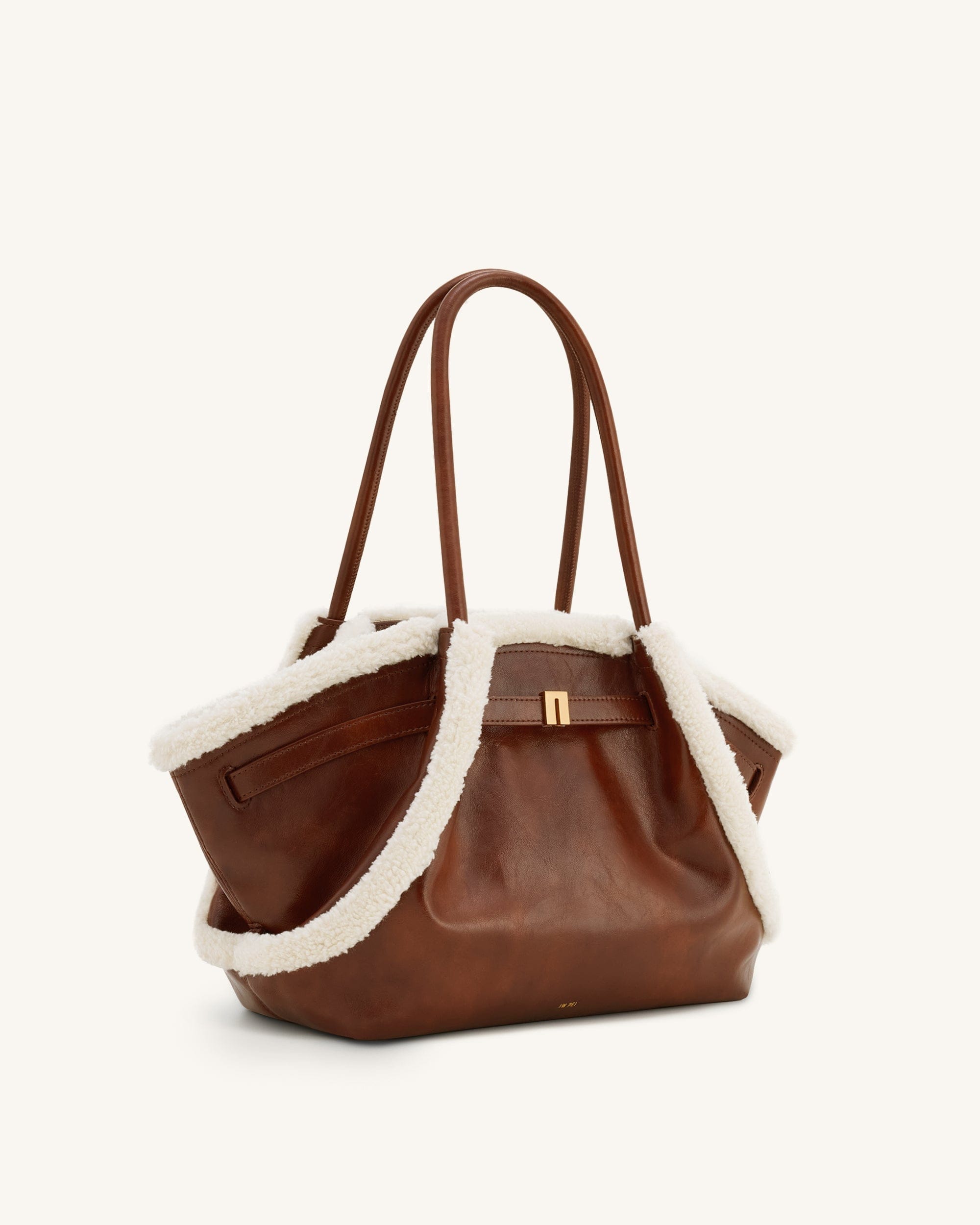 JW PEI Hana Medium Faux Shearling Trim Tote Bag Brown