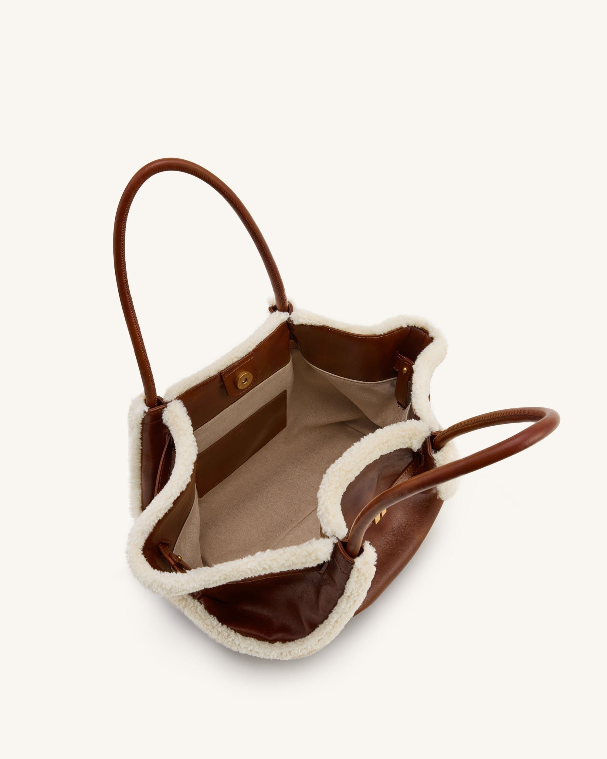 JW PEI Hana Medium Faux Shearling Trim Tote Bag Brown