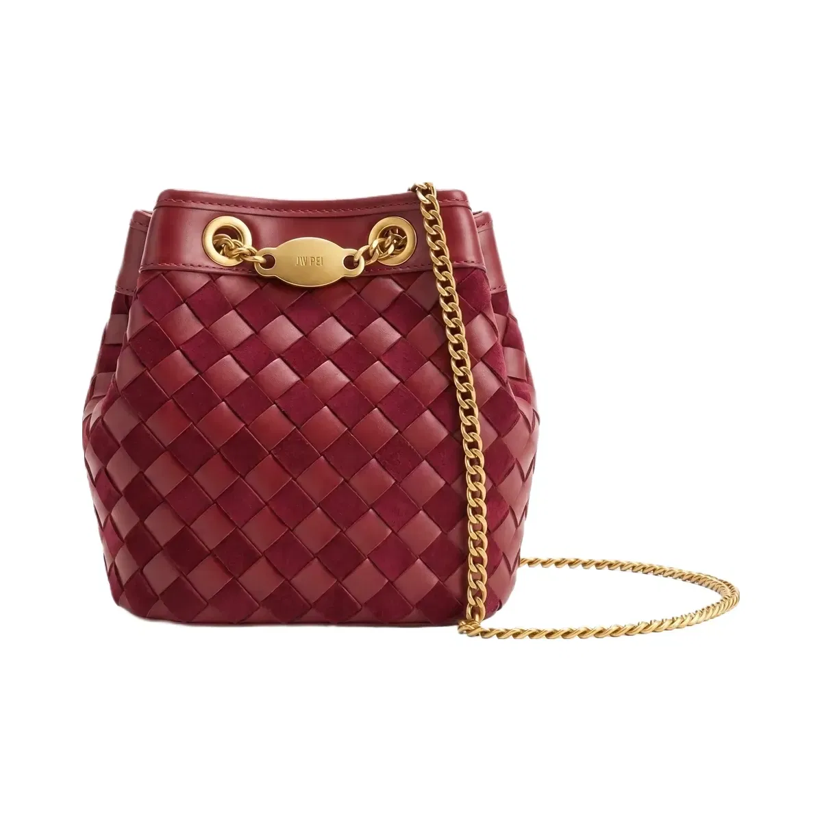 JW PEI Yara Faux Suede Hand Woven Bucket Bag Dark Red