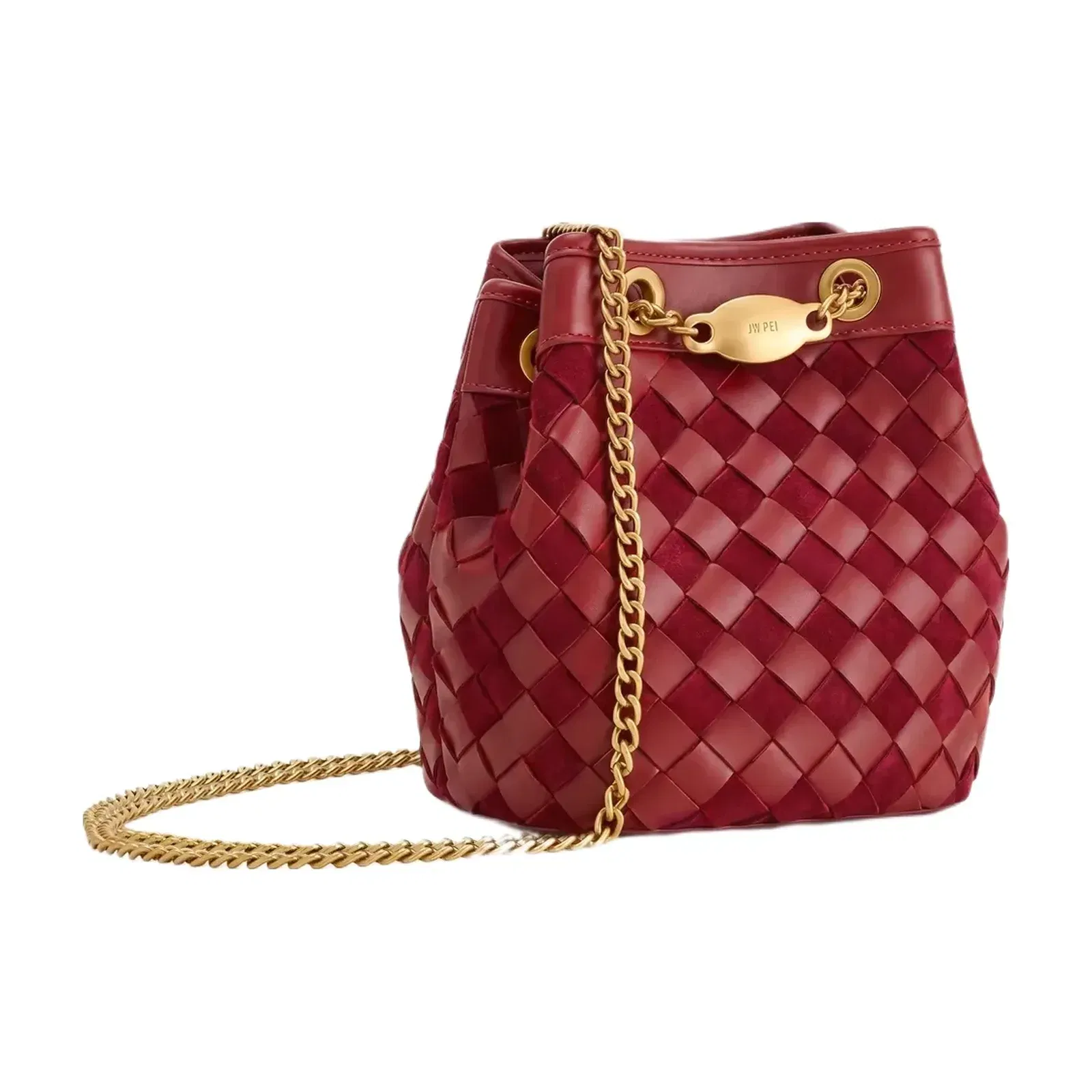 JW PEI Yara Faux Suede Hand Woven Bucket Bag Dark Red