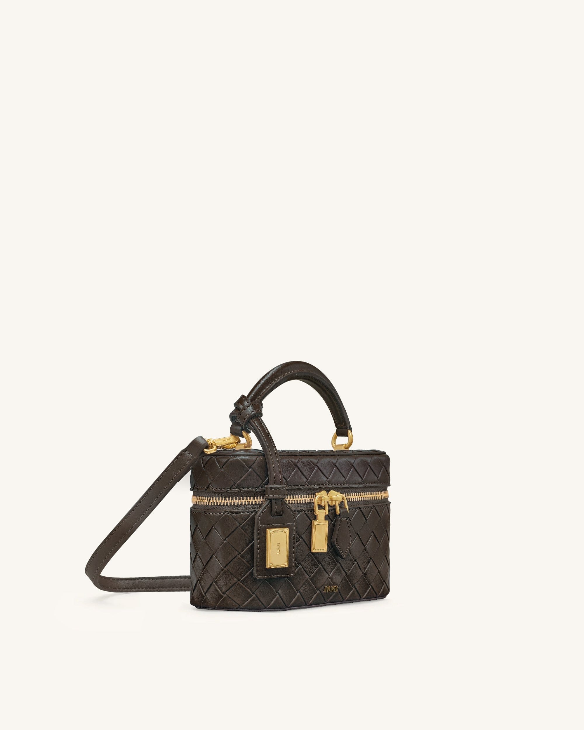 JW PEI Cleo Woven Texture Box Shape Top Handle Bag Dark Brown