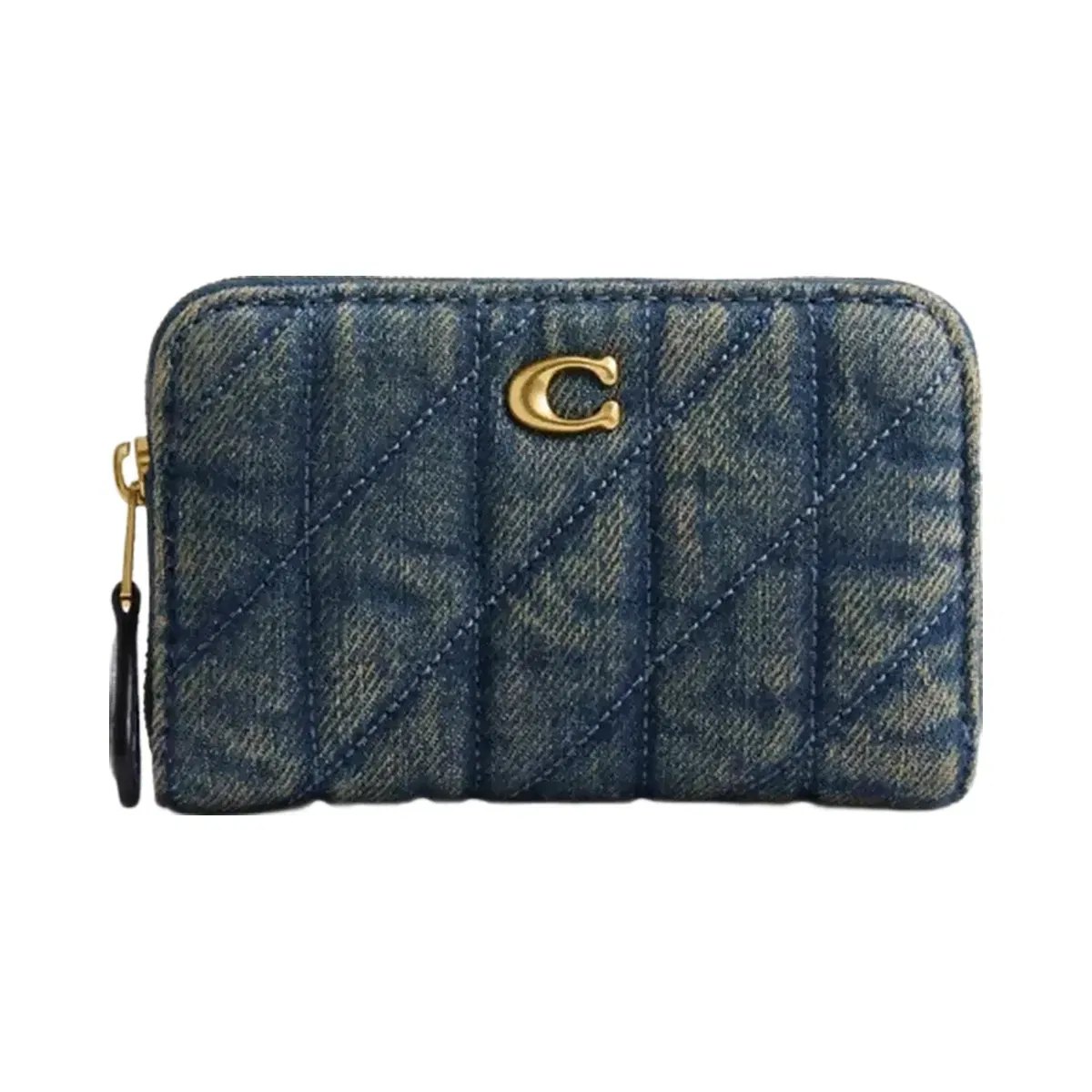 Coach Essential Small Zip Around Card Case In Regenerative Cotton Denim With Quilting in Brass Dark Indigo