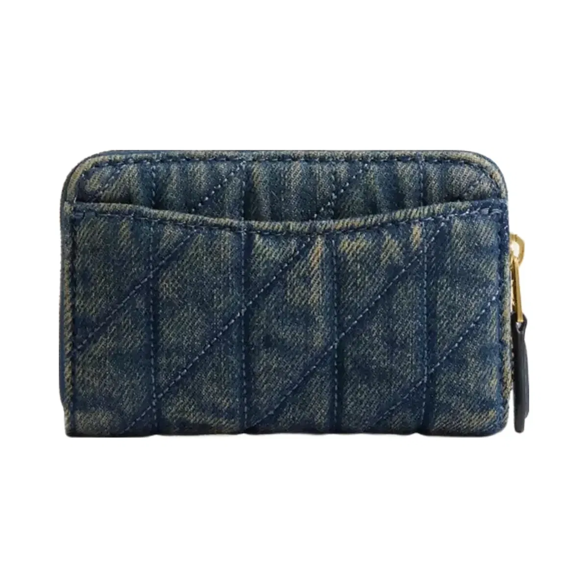 Coach Essential Small Zip Around Card Case In Regenerative Cotton Denim With Quilting in Brass Dark Indigo