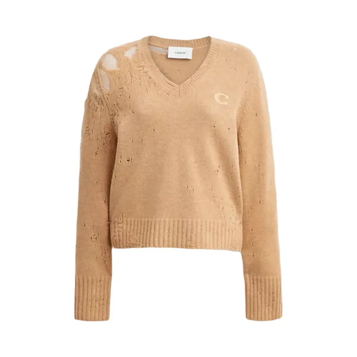 Coach Loved Long Sleeve V-Neck Sweater in Tan