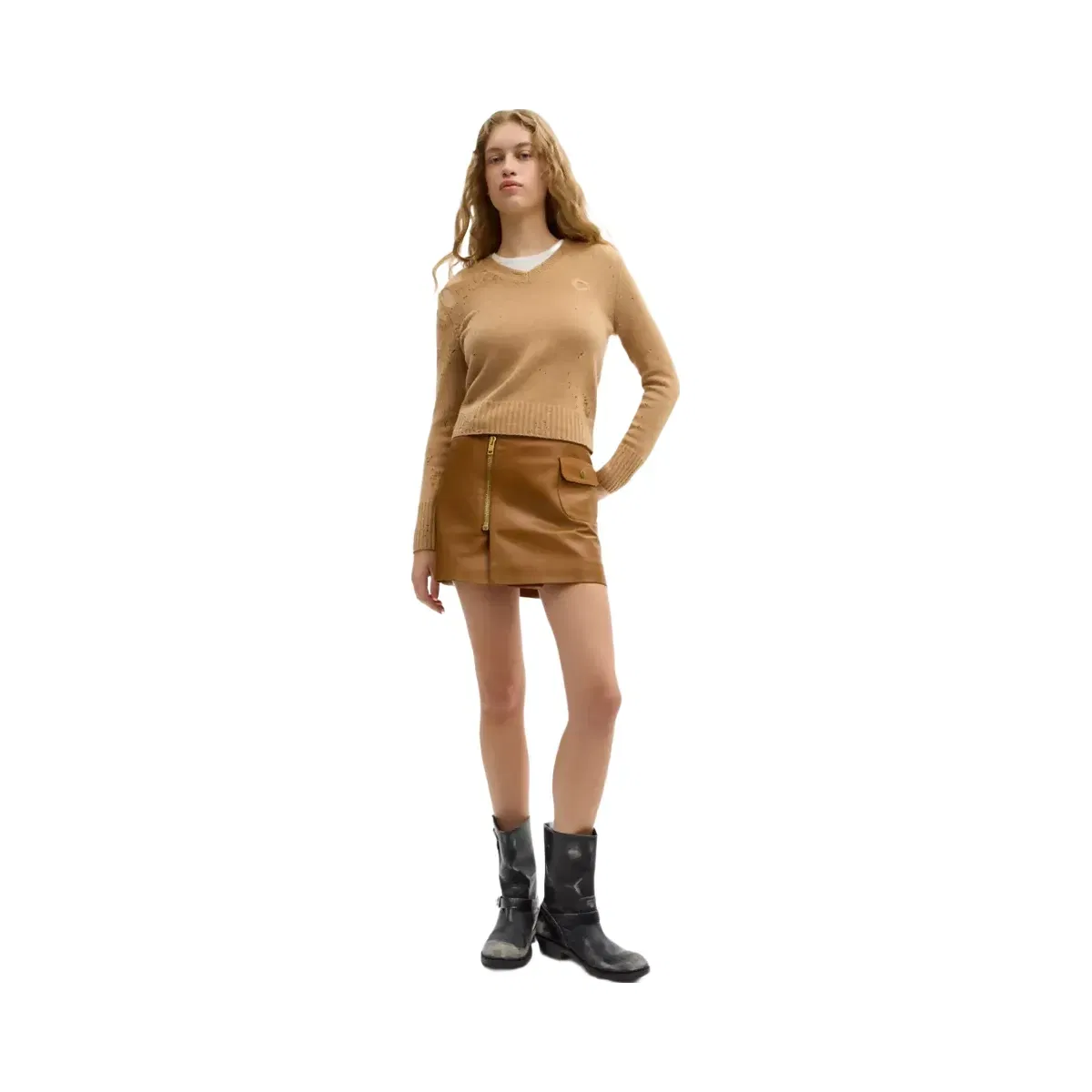 Coach Loved Long Sleeve V-Neck Sweater in Tan