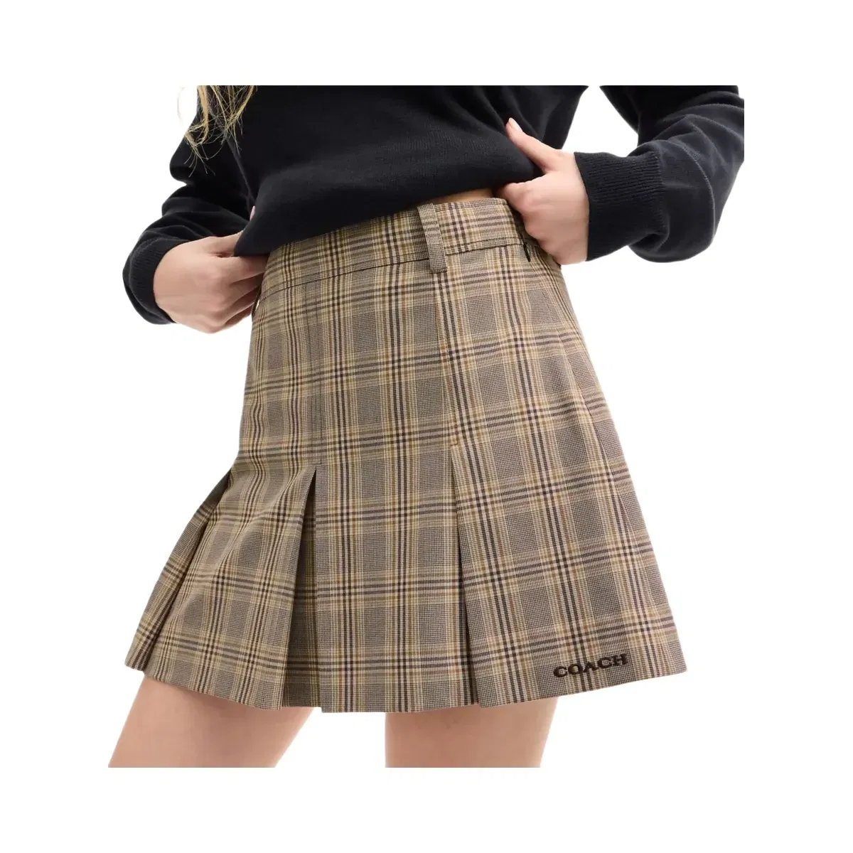 Coach Pleated Plaid Skirt In Recycled Polyester in Tan Multi