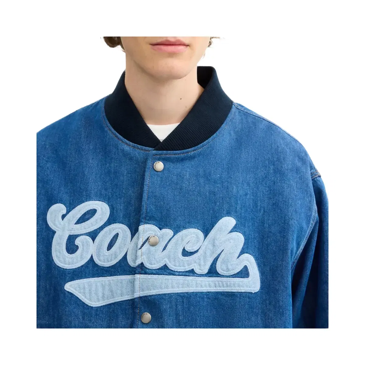 Coach Denim Varsity Jacket In Organic Cotton in Washed Blue Multi