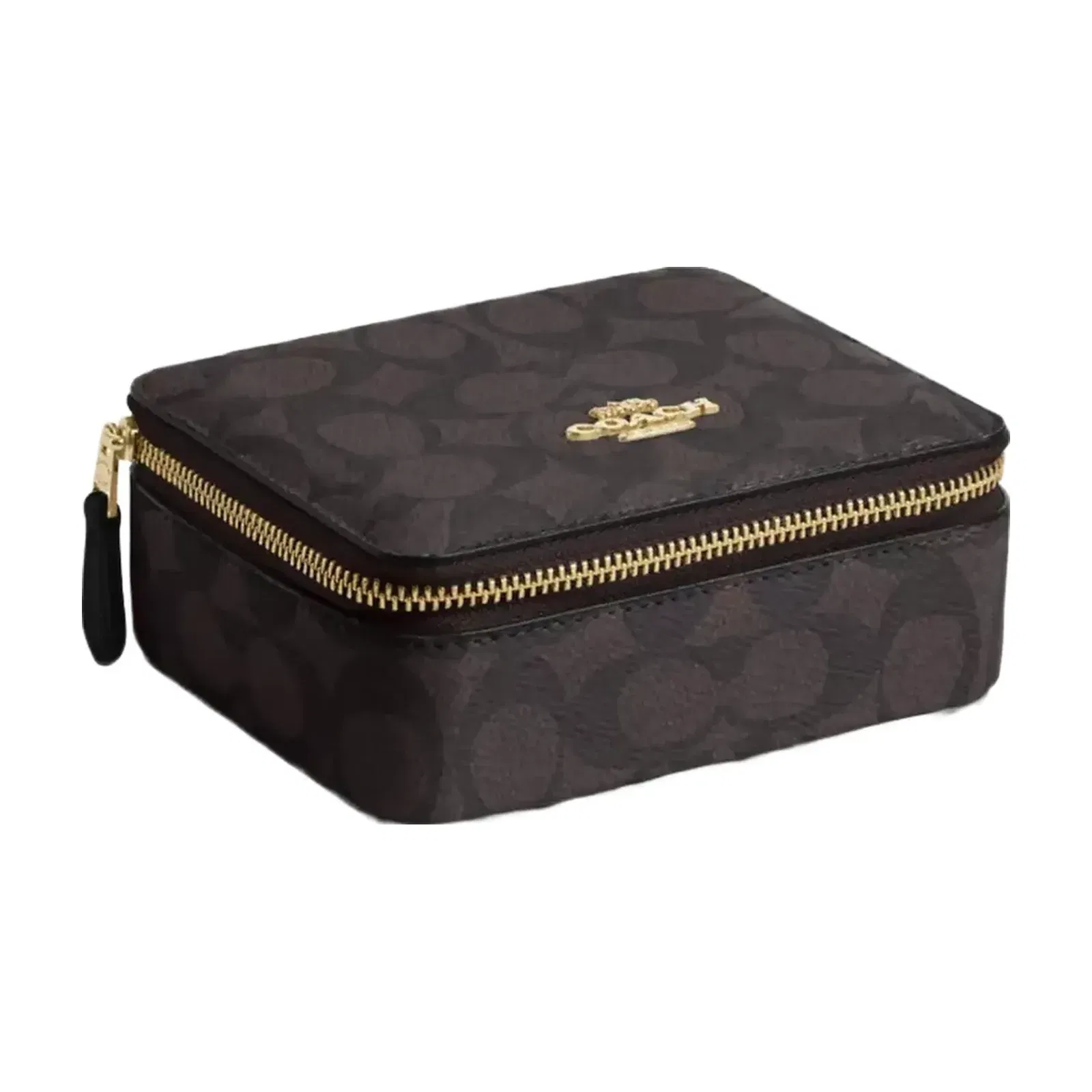 Coach Large Jewelry Box In Signature Canvas in Gold Walnut Black