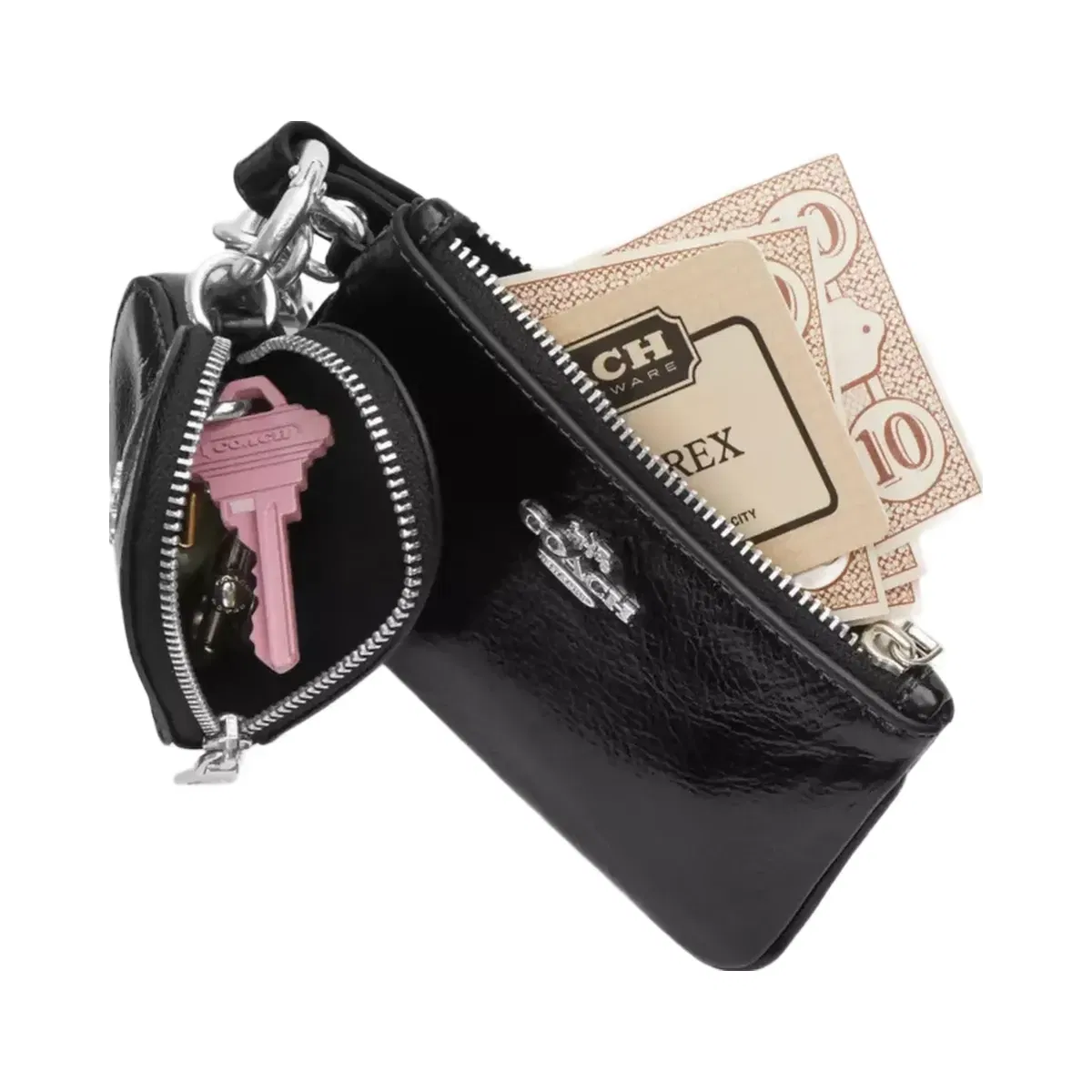 Coach Wristlet And Heart Pouch With Charm in Silver Black