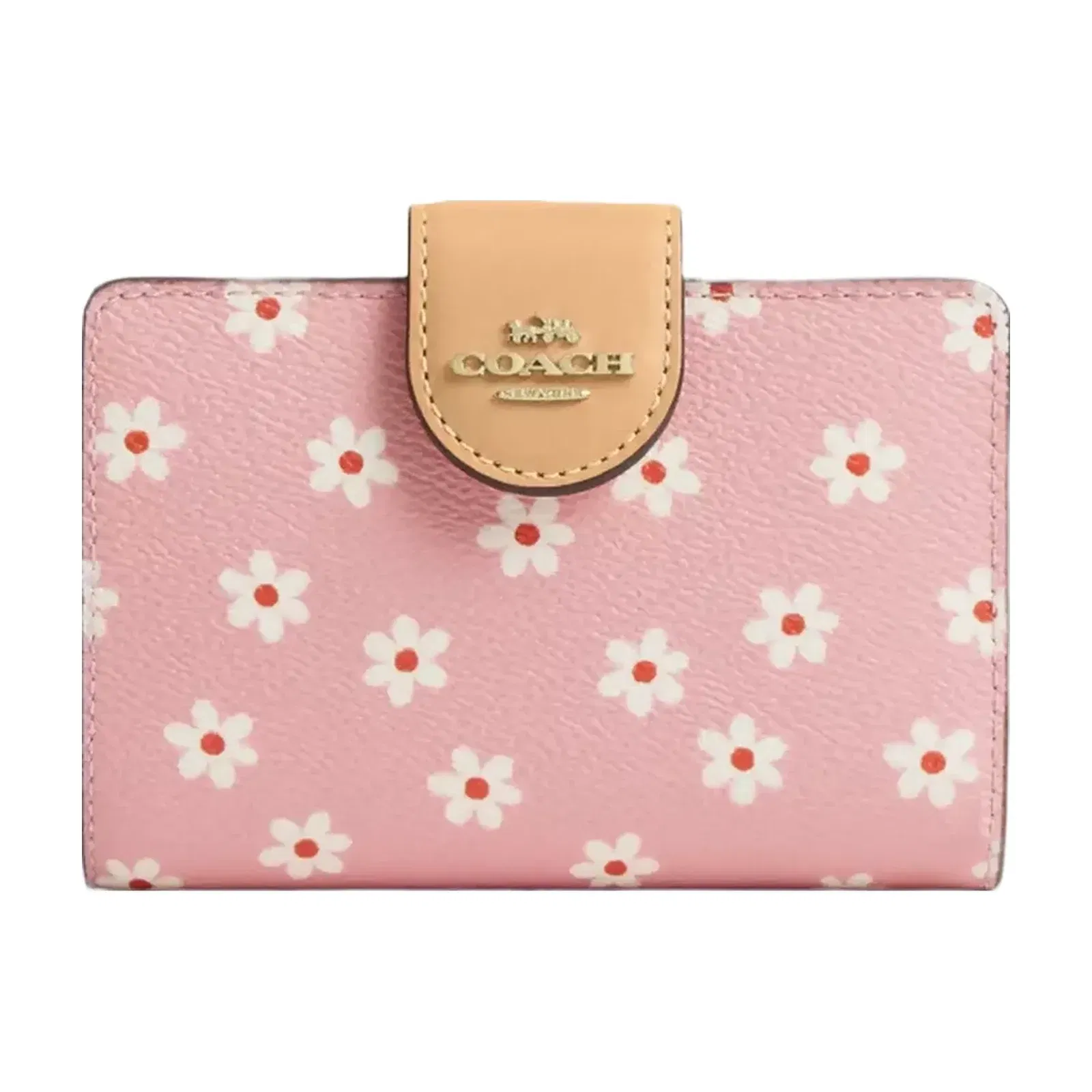 Coach Medium Corner Zip Wallet With Floral Print in Gold Pink Multi