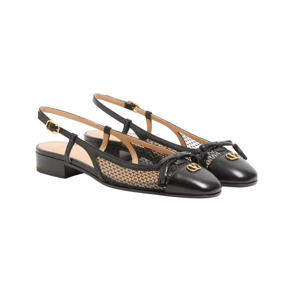 Valentino Valet Du Roi Slingback Ballerina In Mesh And Kidskin 25mm Black
