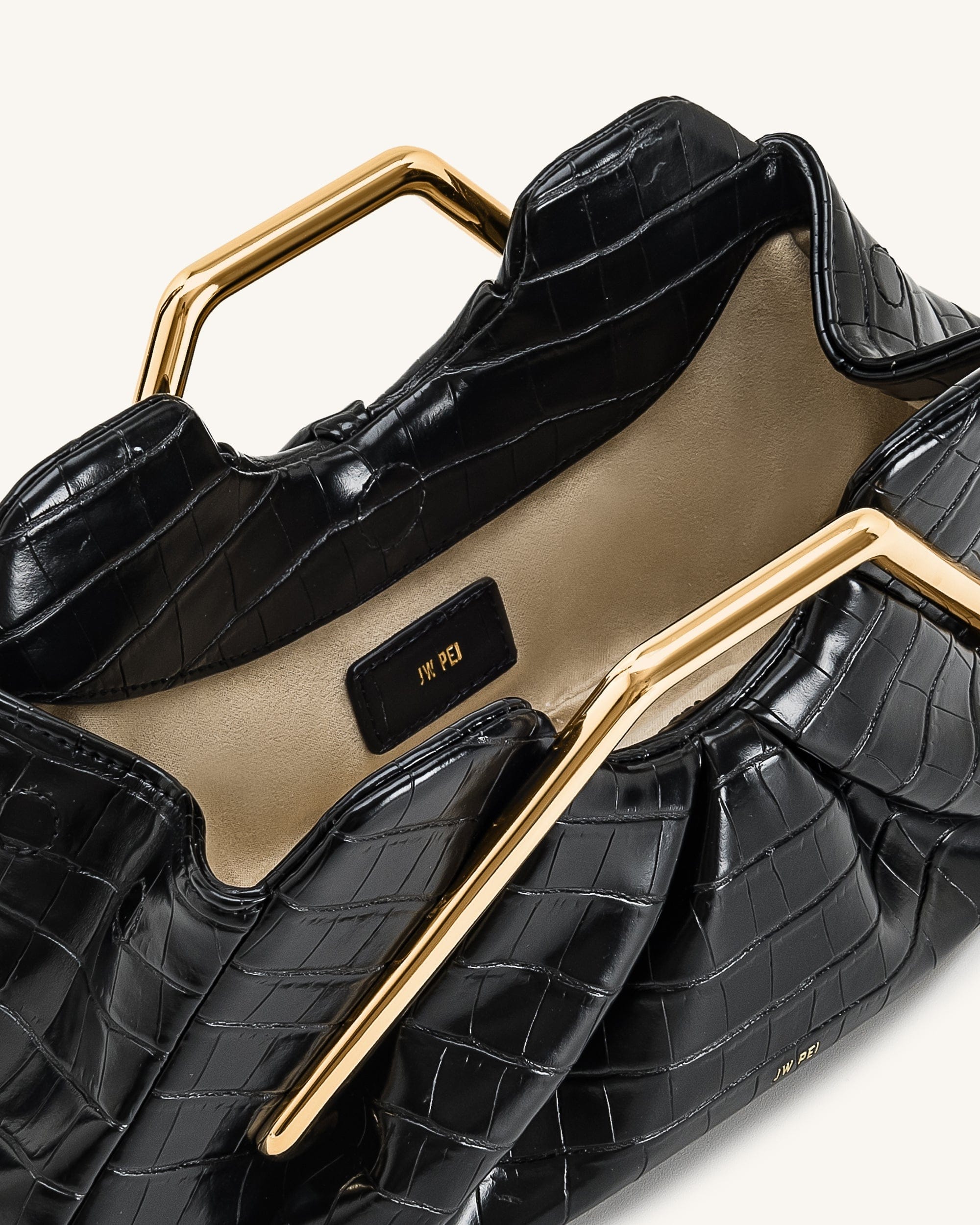 JW PEI Lila Faux Croc Effect Metal Frame Clutch Black