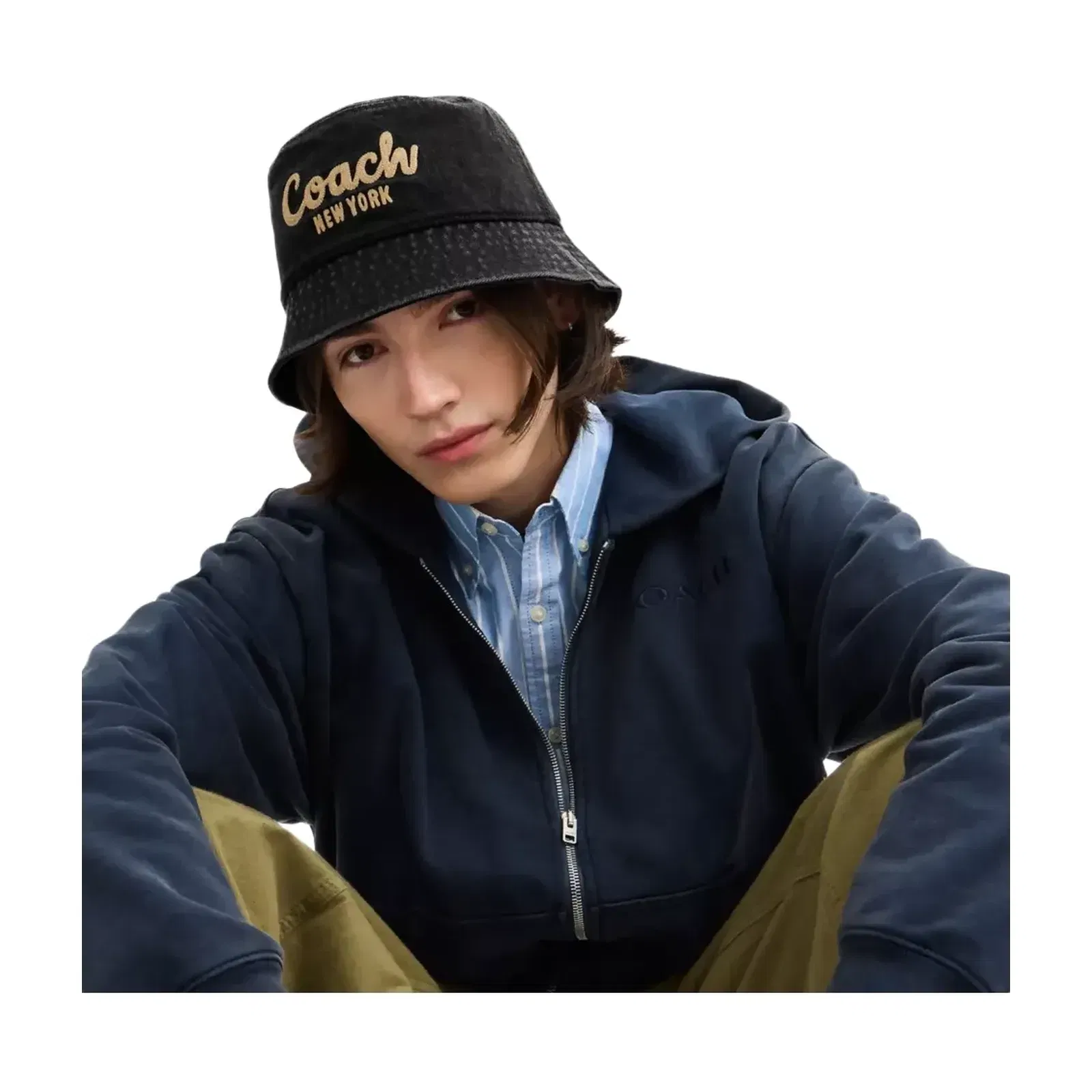 Coach Coach Script Embroidered Denim Bucket Hat in Black