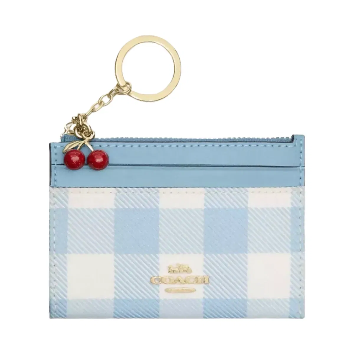 Coach Mini Skinny Id Case With Gingham Print And Charm in Gold Blue Multi