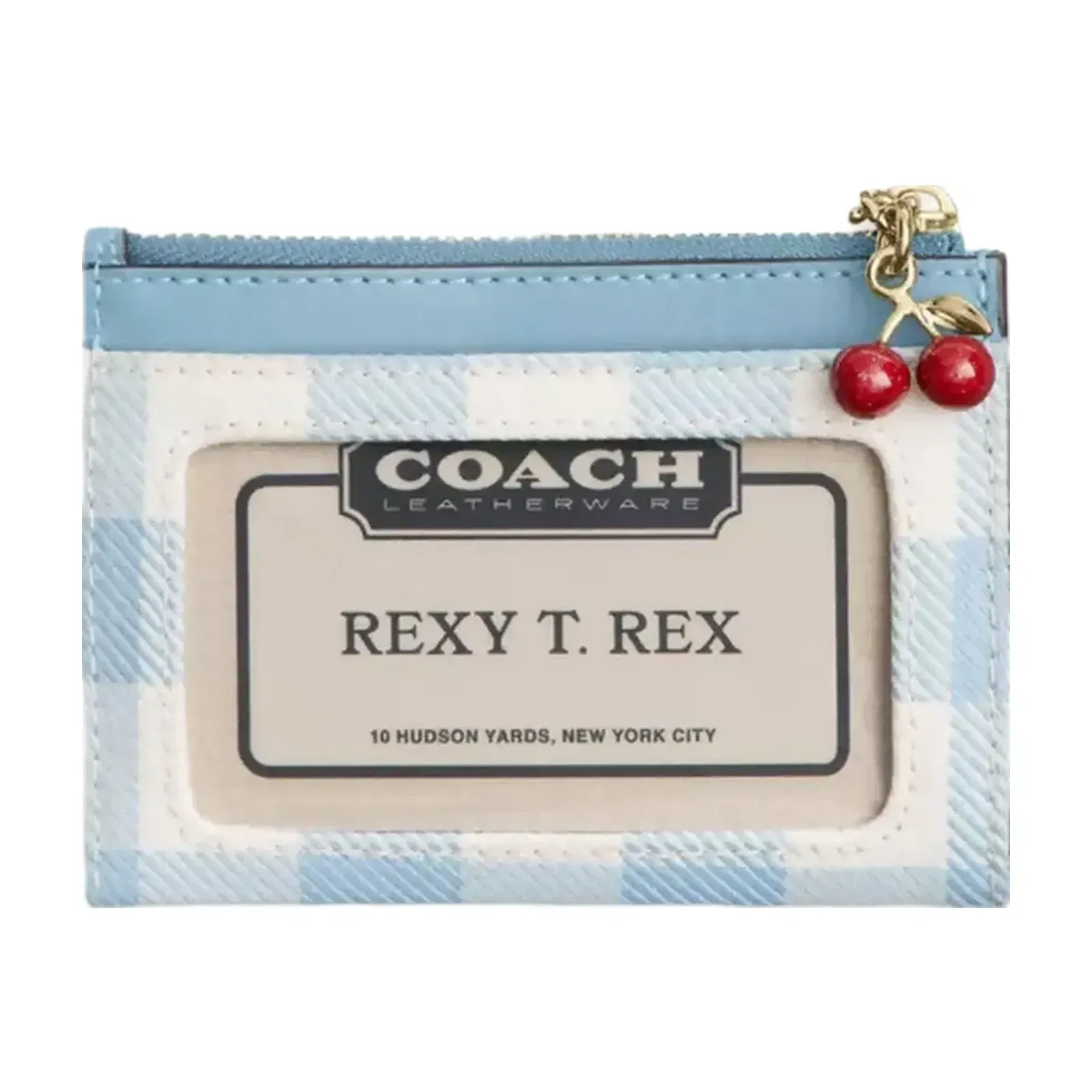 Coach Mini Skinny Id Case With Gingham Print And Charm in Gold Blue Multi