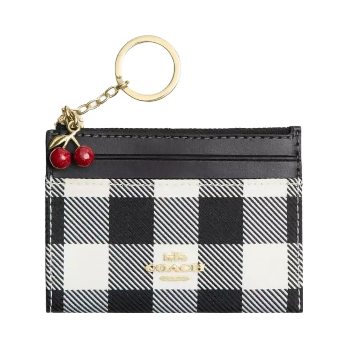 Coach Mini Skinny Id Case With Gingham Print And Charm in Gold Black Multi