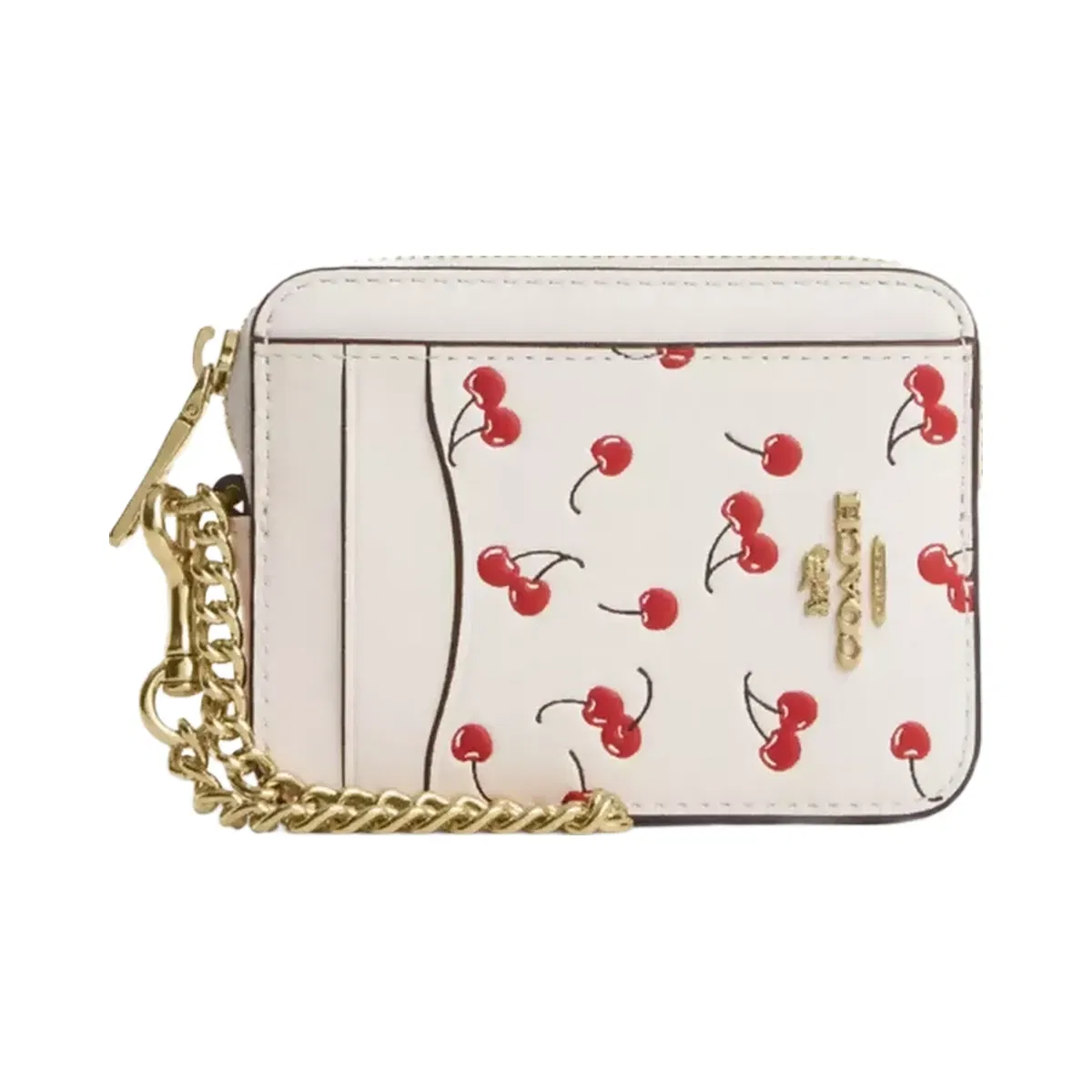 Coach Zip Card Case With Cherry Print in Gold Chalk Multi