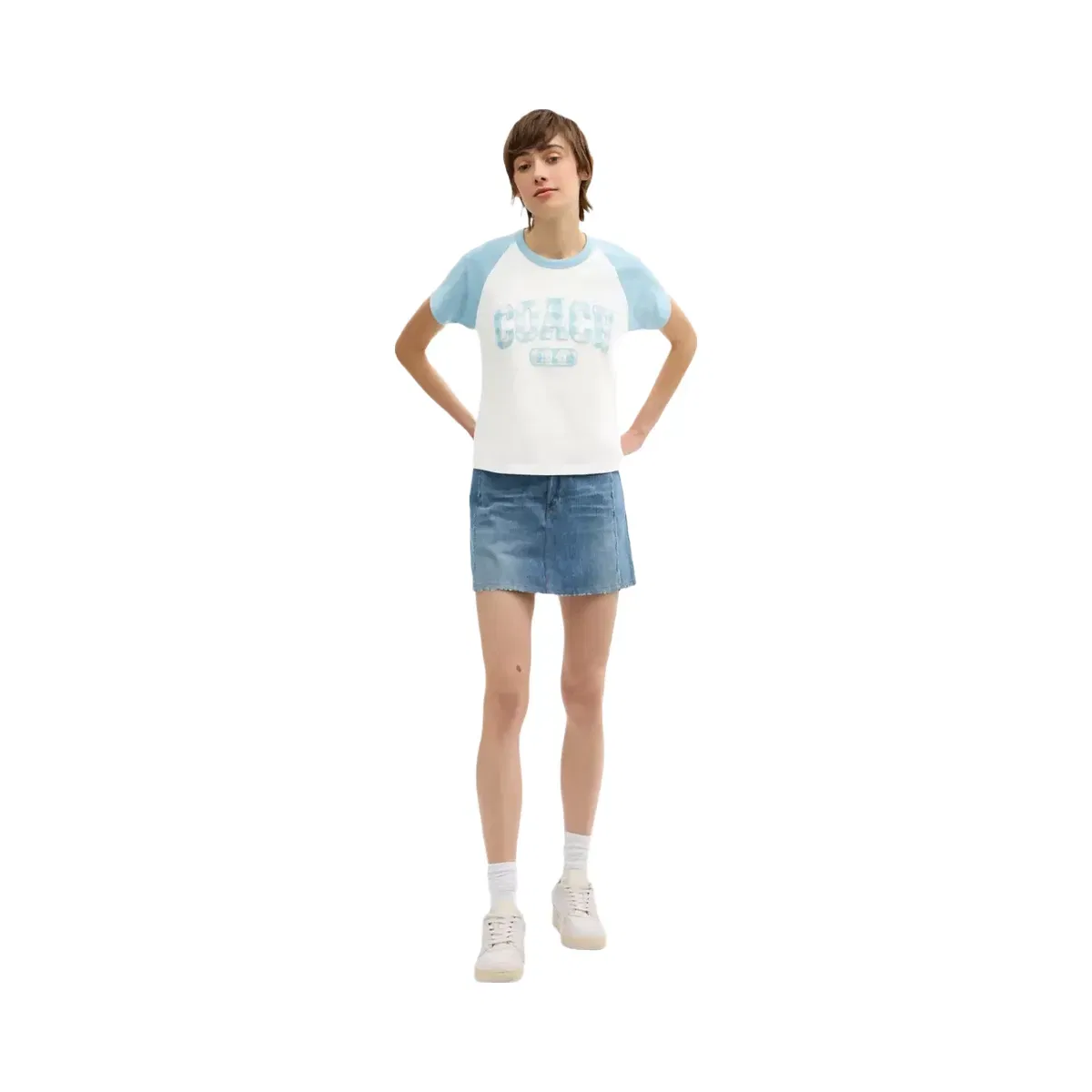 Coach Gingham Sporty Raglan T-Shirt In Organic Cotton in Blue White