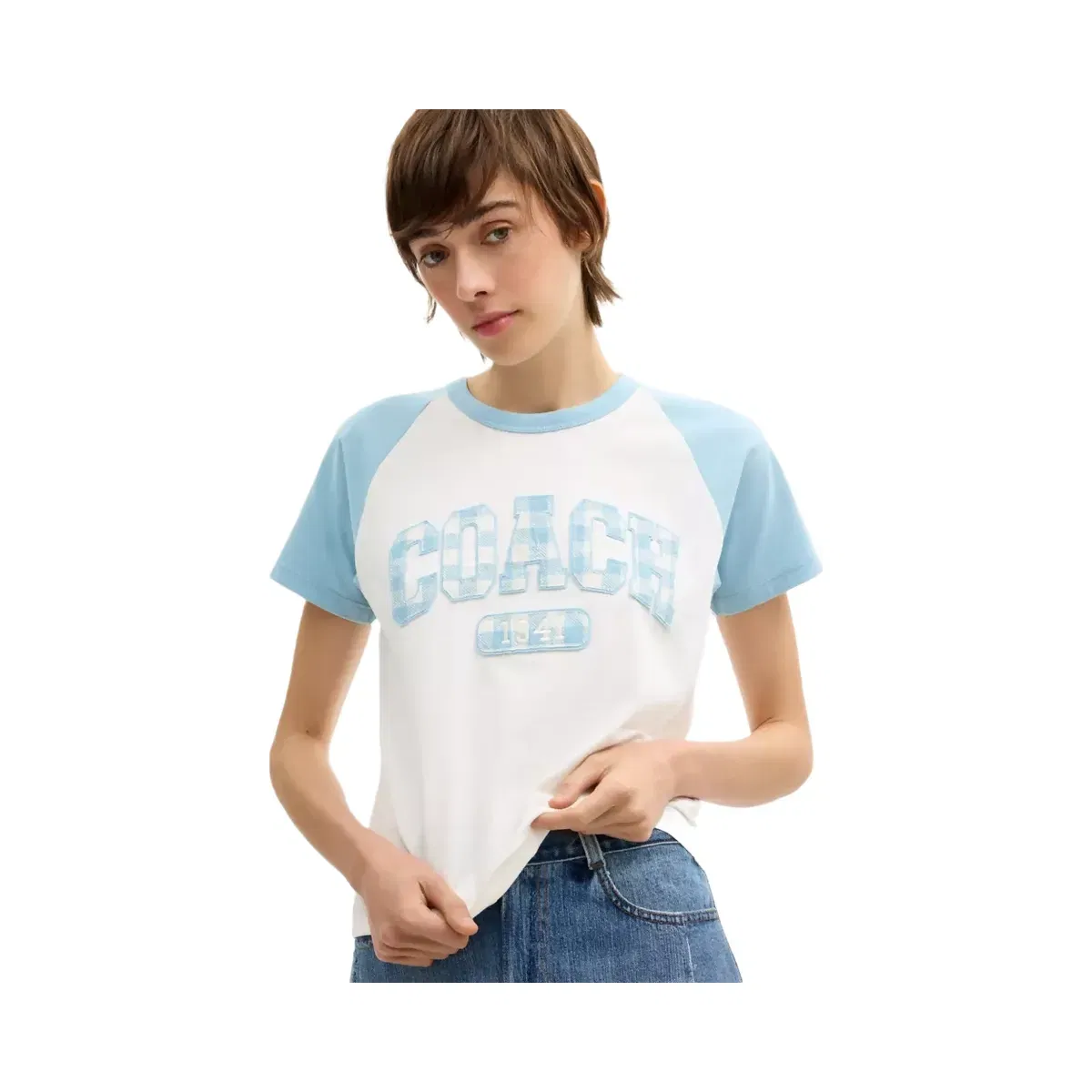 Coach Gingham Sporty Raglan T-Shirt In Organic Cotton in Blue White