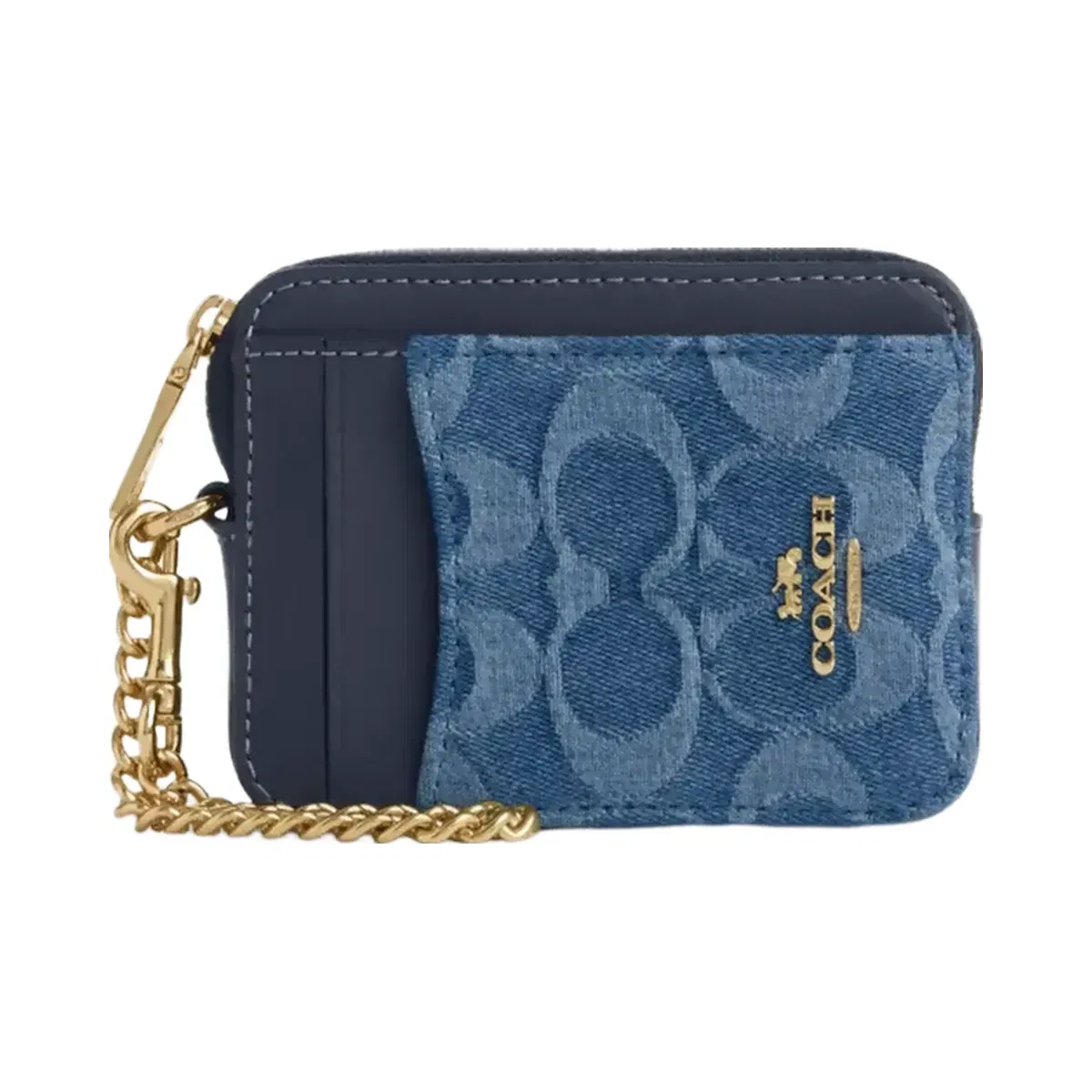 Coach Zip Card Case In Signature Denim in Gold Indigo