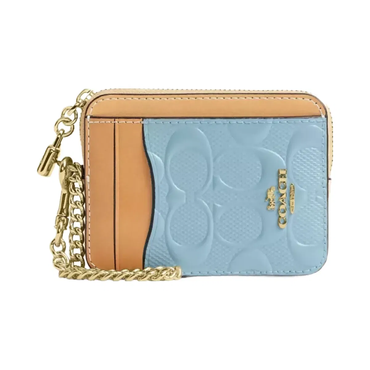 Coach Zip Card Case In Signature Leather With Charm in Gold Light Blue