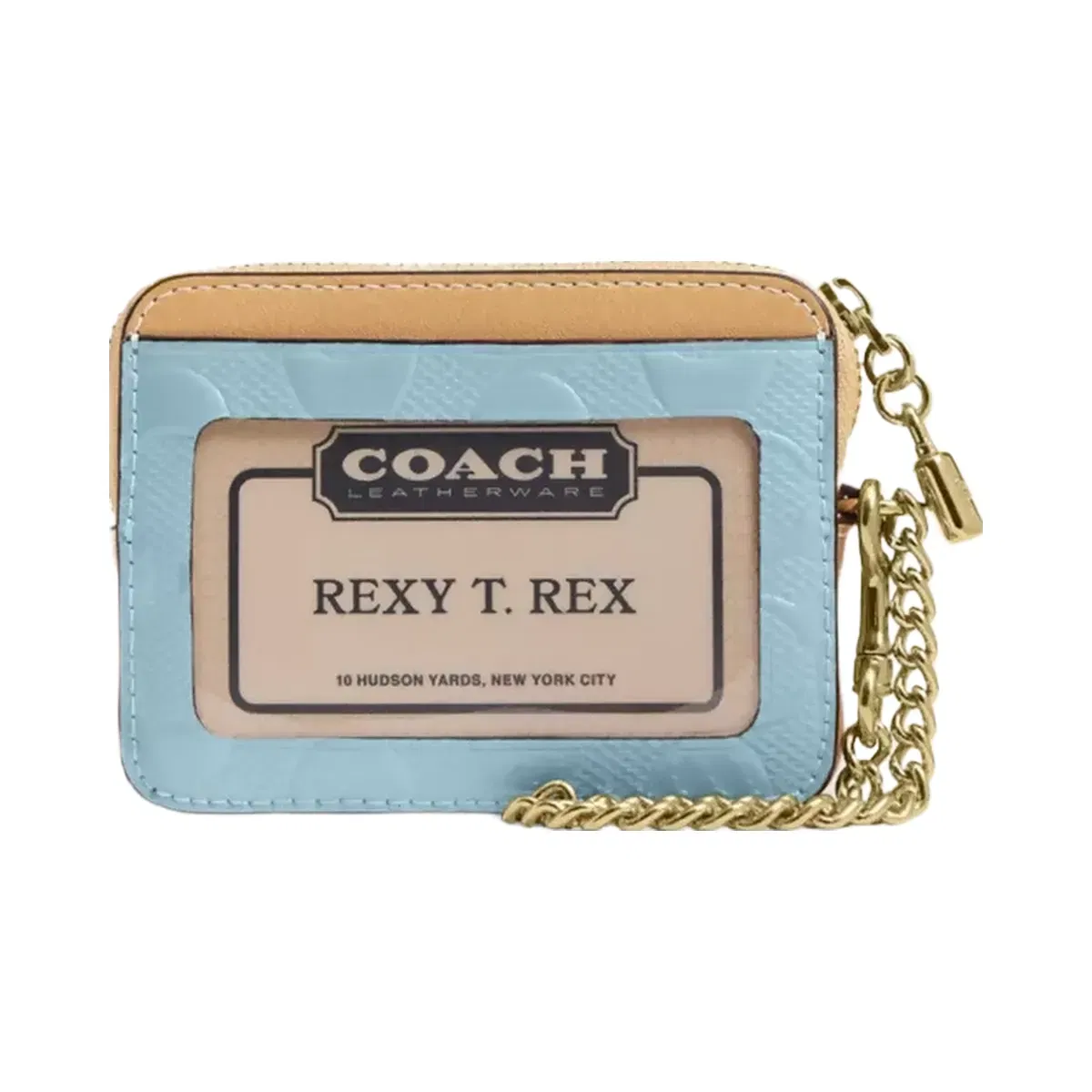 Coach Zip Card Case In Signature Leather With Charm in Gold Light Blue