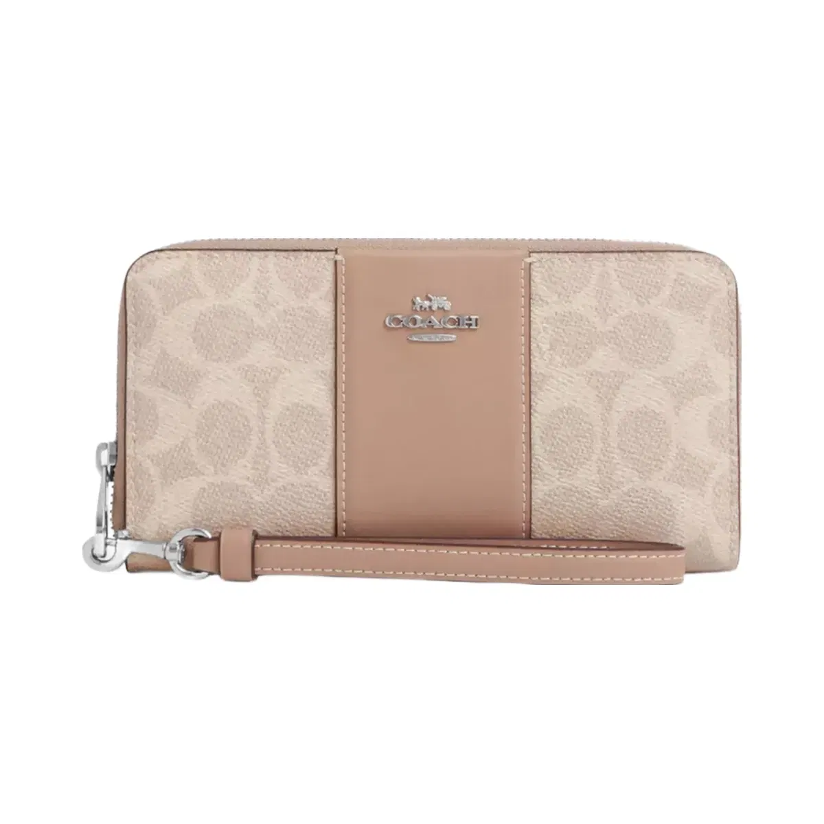 Coach Long Zip Around Wallet In Signature Canvas With Stripe in Silver Sand Taupe