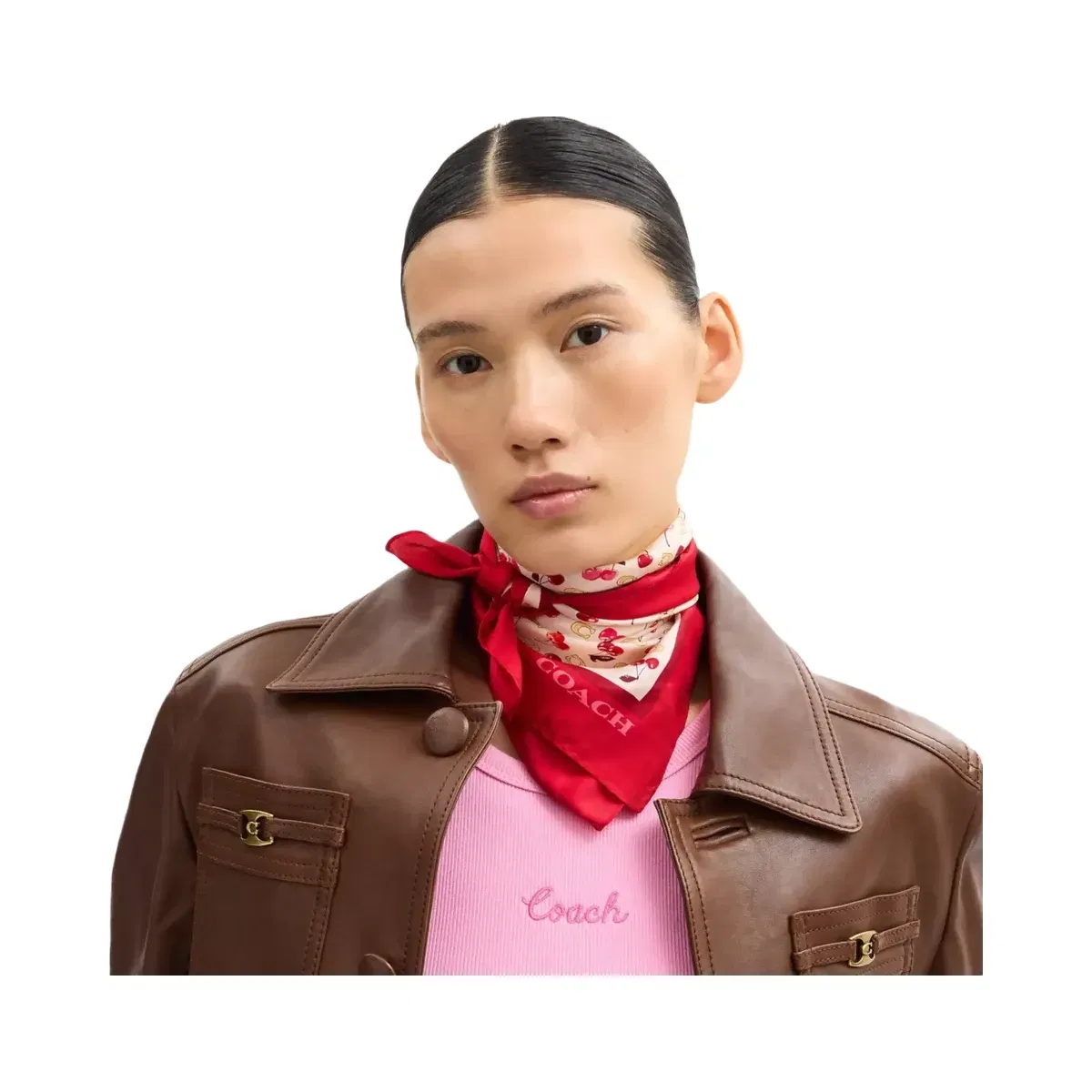 Coach Sculpted C Cherries Print Silk Bandana in Chalk Red