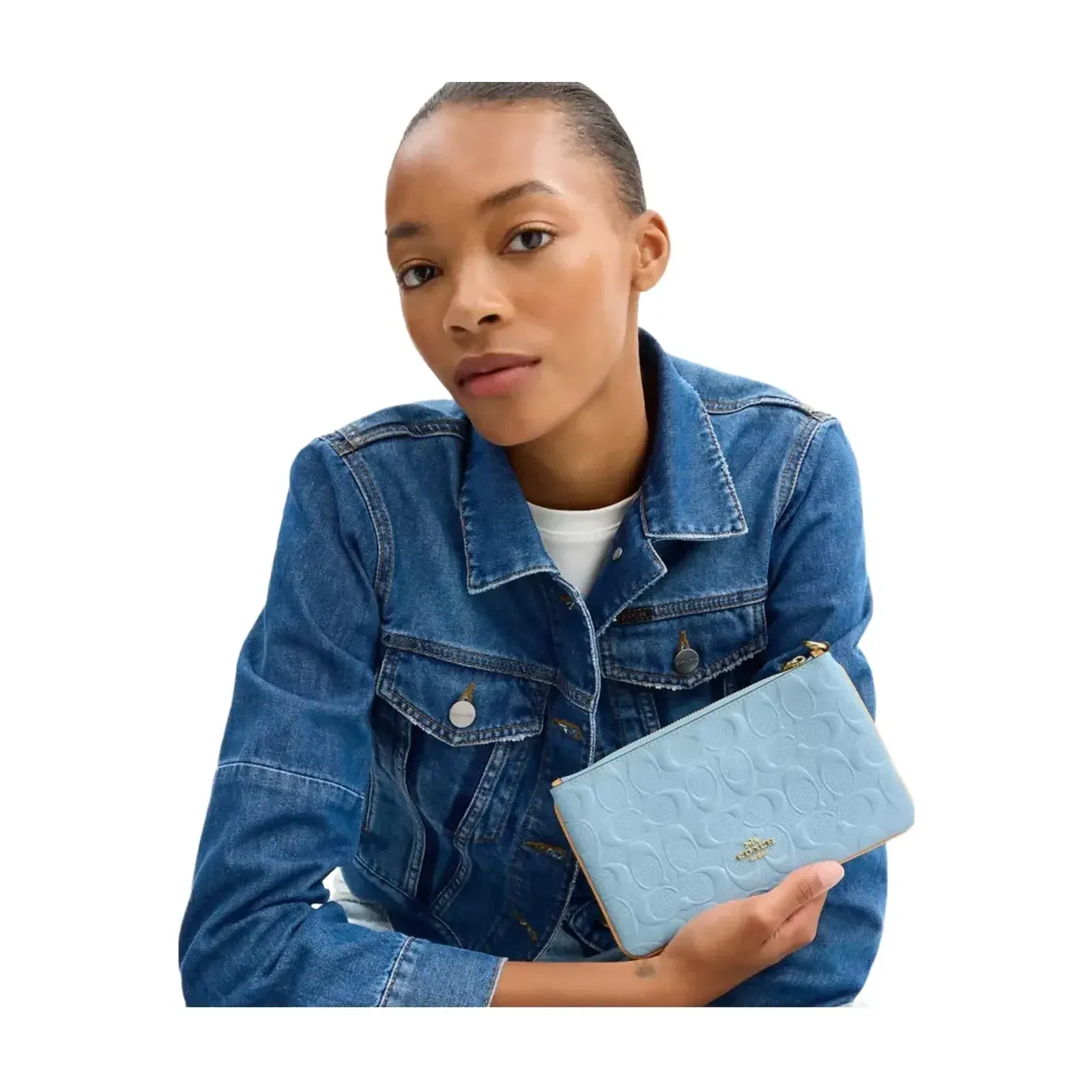 Coach Ashton Wristlet In Signature Leather Gold Light Blue